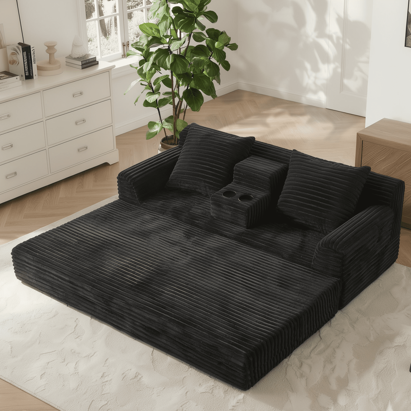 Leumius Futon Sofa Bed,Folding Boneless Couch with Cup Holders，Chenille Pull Out Sofa Bed with 2 Pillows or Living Room & Bedroom,Black