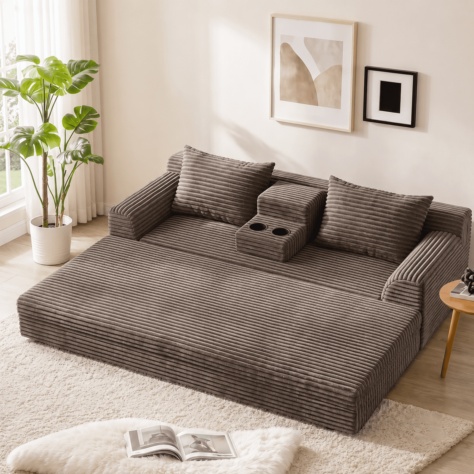 Leumius Futon Sofa Bed,Folding Boneless Couch with Cup Holders，Chenille Pull Out Sofa Bed with 2 Pillows or Living Room & Bedroom,Coffee