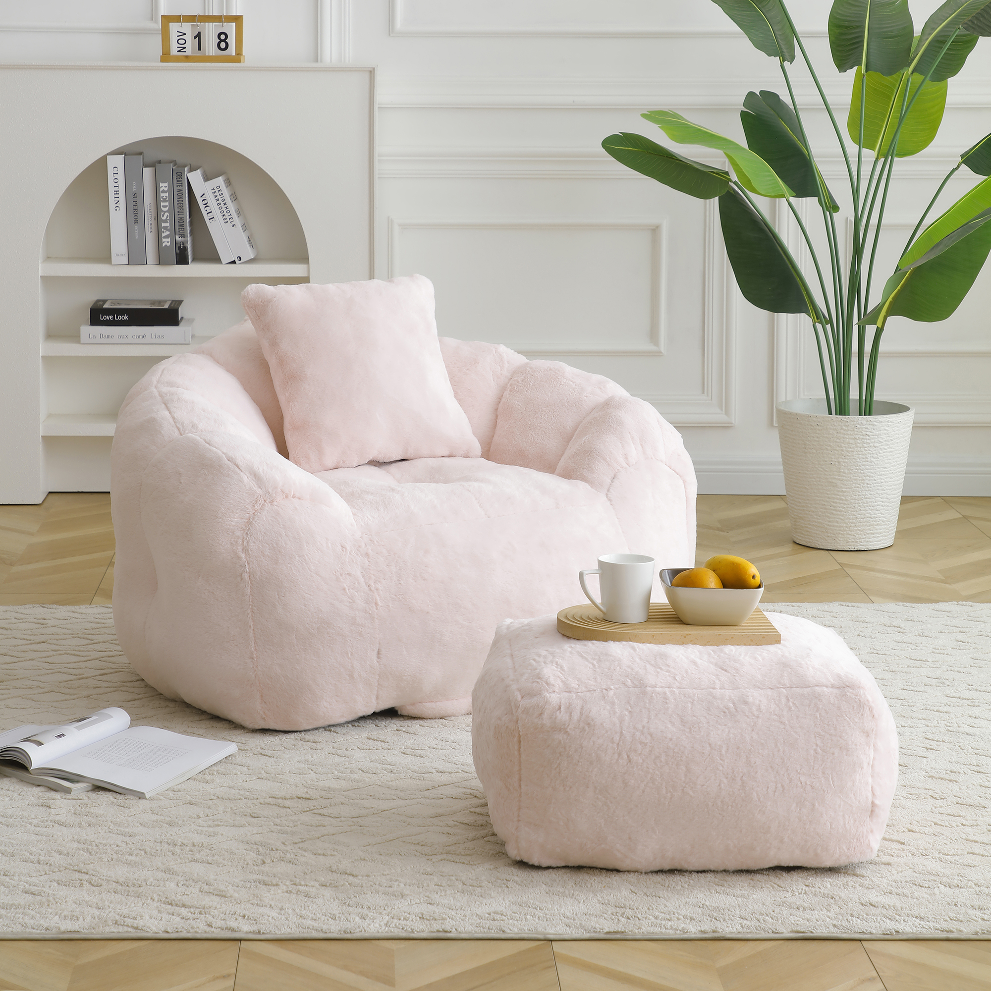 Leumius Giant Bean Bag Chair with Footstool,Faux Fur Oversized Shell-Shaped Large Chair with Filler Floor Sofa for Gaming,Reading Living Room Bedroom,Pink