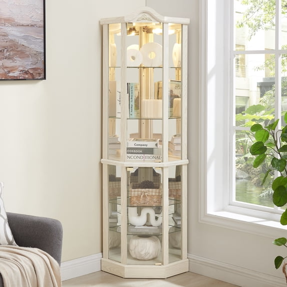 Leumius Glass Cabinet Lighted Corner Cabinet Corner Display Curio Cabinet, Glass Display with Light(Included)Bar Cabinet,Wine Cabinet with Adjustable Glass Shelves for Home Decor White