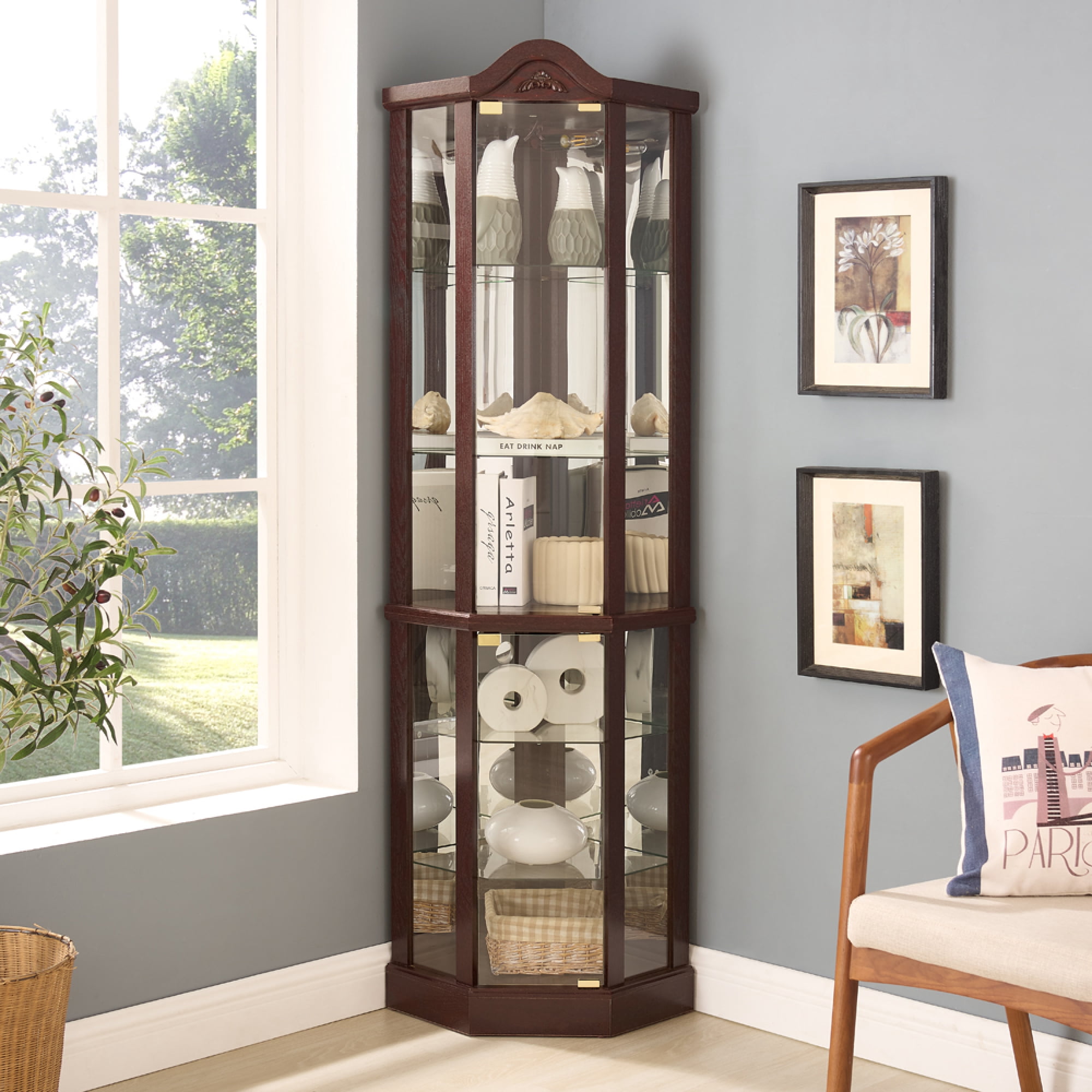 Leumius Glass Cabinet Lighted Corner Cabinet Corner Display Curio Cabinet, Glass Display with Light(Included)Bar Cabinet,Wine Cabinet with Adjustable Glass Shelves for Home Decor Cherry