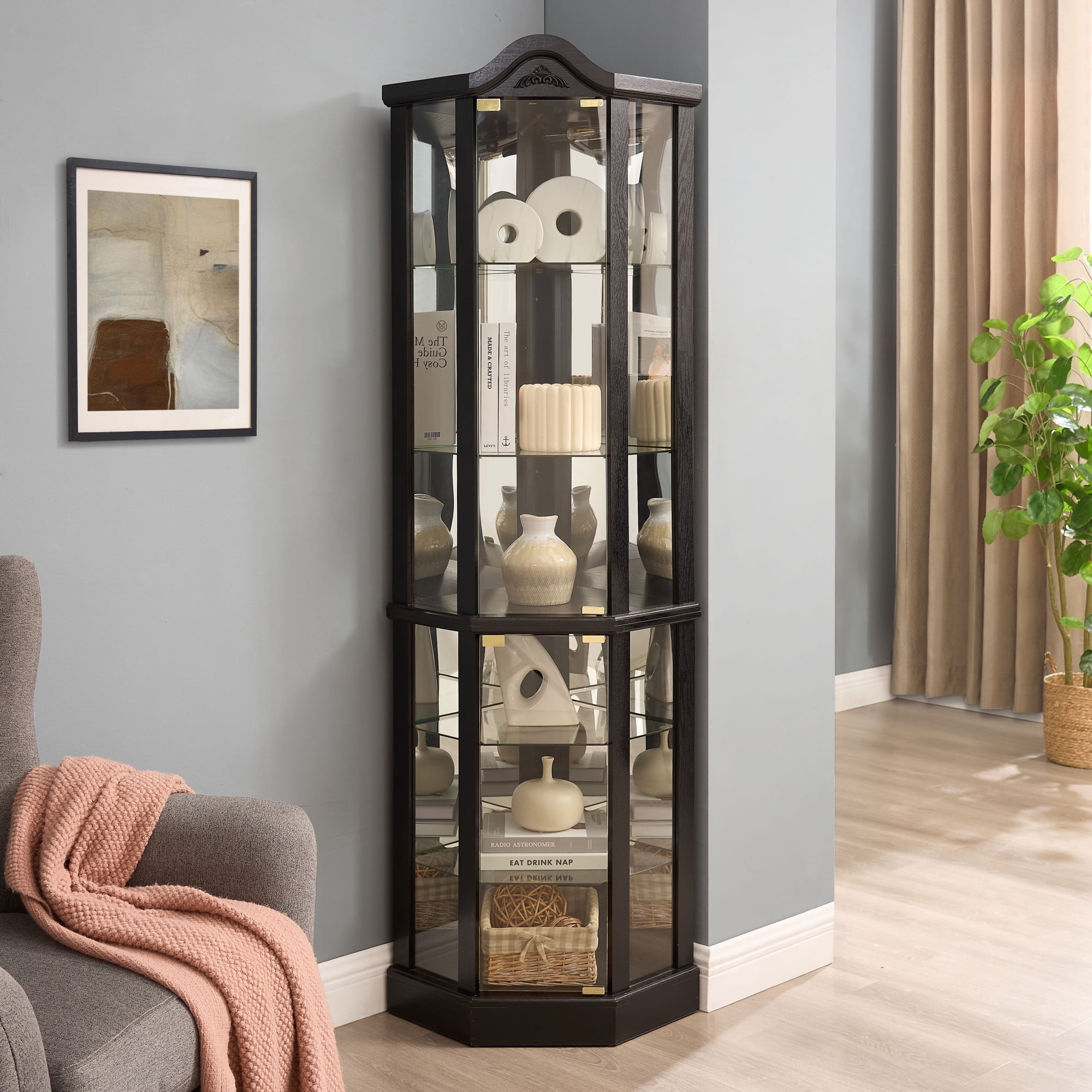 Leumius Glass Cabinet Lighted Corner Cabinet Corner Display Curio Cabinet, Glass Display with Light(Included)Bar Cabinet,Wine Cabinet with Adjustable Glass Shelves for Home Decor Black