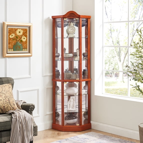 Leumius Glass Cabinet Lighted Corner Cabinet Corner Display Curio Cabinet, Glass Display with Light(Included)Bar Cabinet,Wine Cabinet with Adjustable Glass Shelves for Home Decor Oak