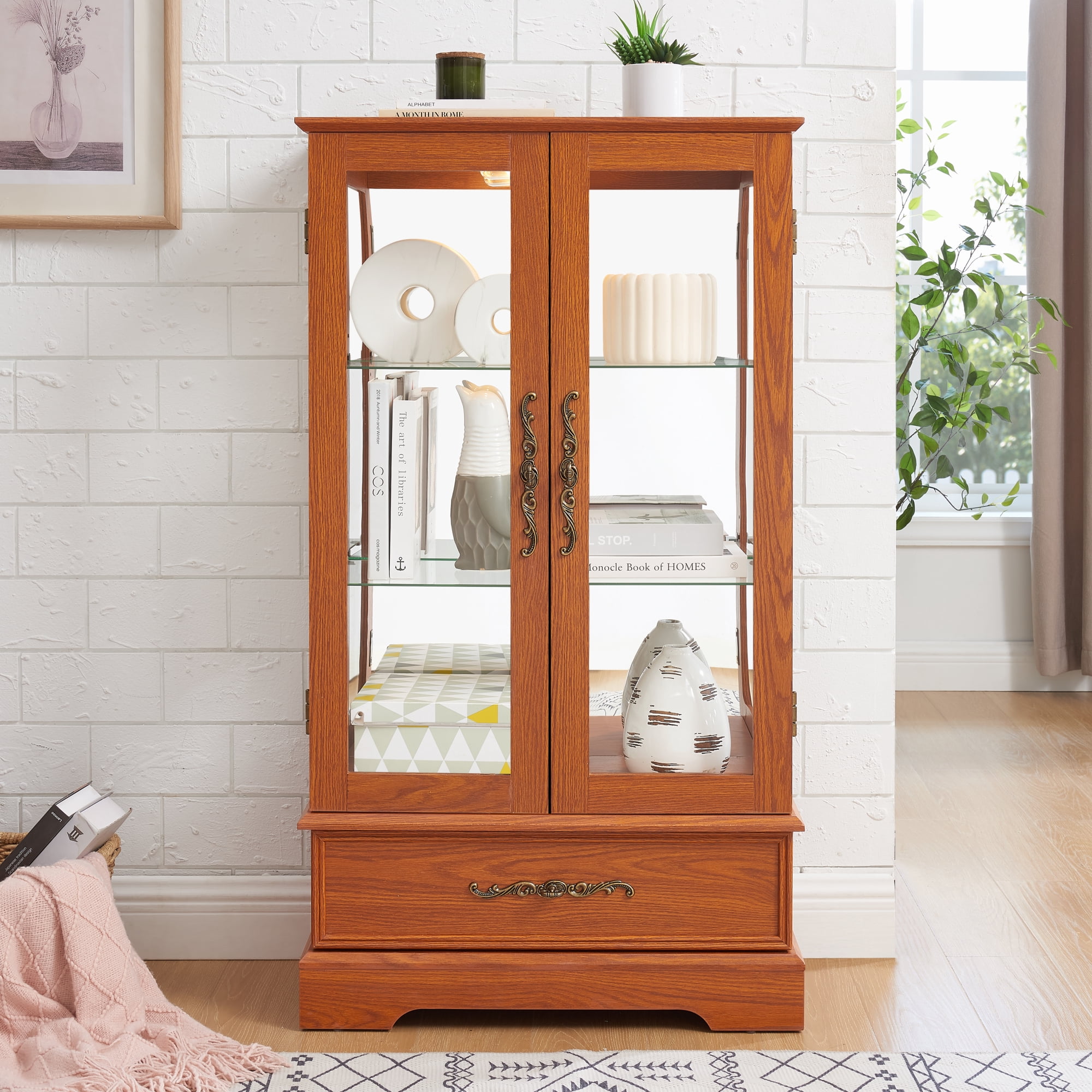 Leumius Glass Cabinet Lighted Glass Cabinet Curio Display Cabinet with Adjustable Glass Shelves 2 Doors and 1 Drawer for Living Room, Kitchen, Dining Room Dark Oak