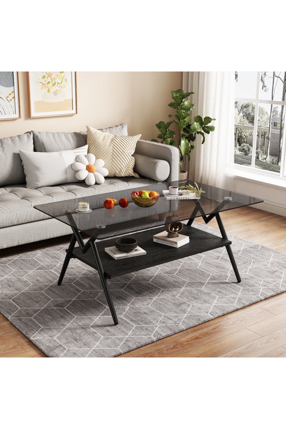 Glass Coffee Table with Lower Shelf,Clear Rectangle Glass Coffee Table, Modern Coffee Table with Metal Legs for Living Room,Black+Gray