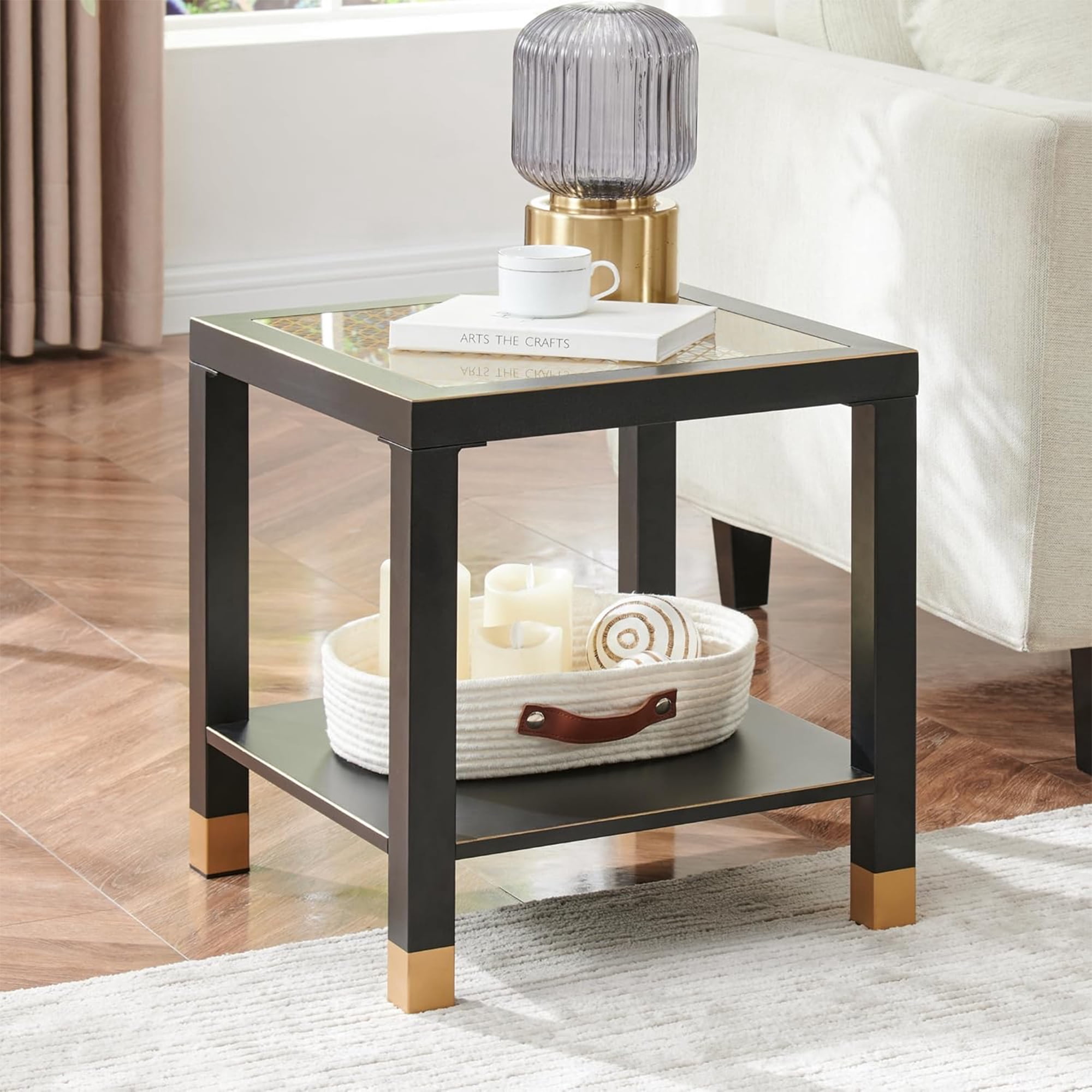 Leumius Glass End Table, Modern Style Side Table, Square Table with Tempered Glass and Metal Frame, 2-Layer Nightstand for Living Room Black