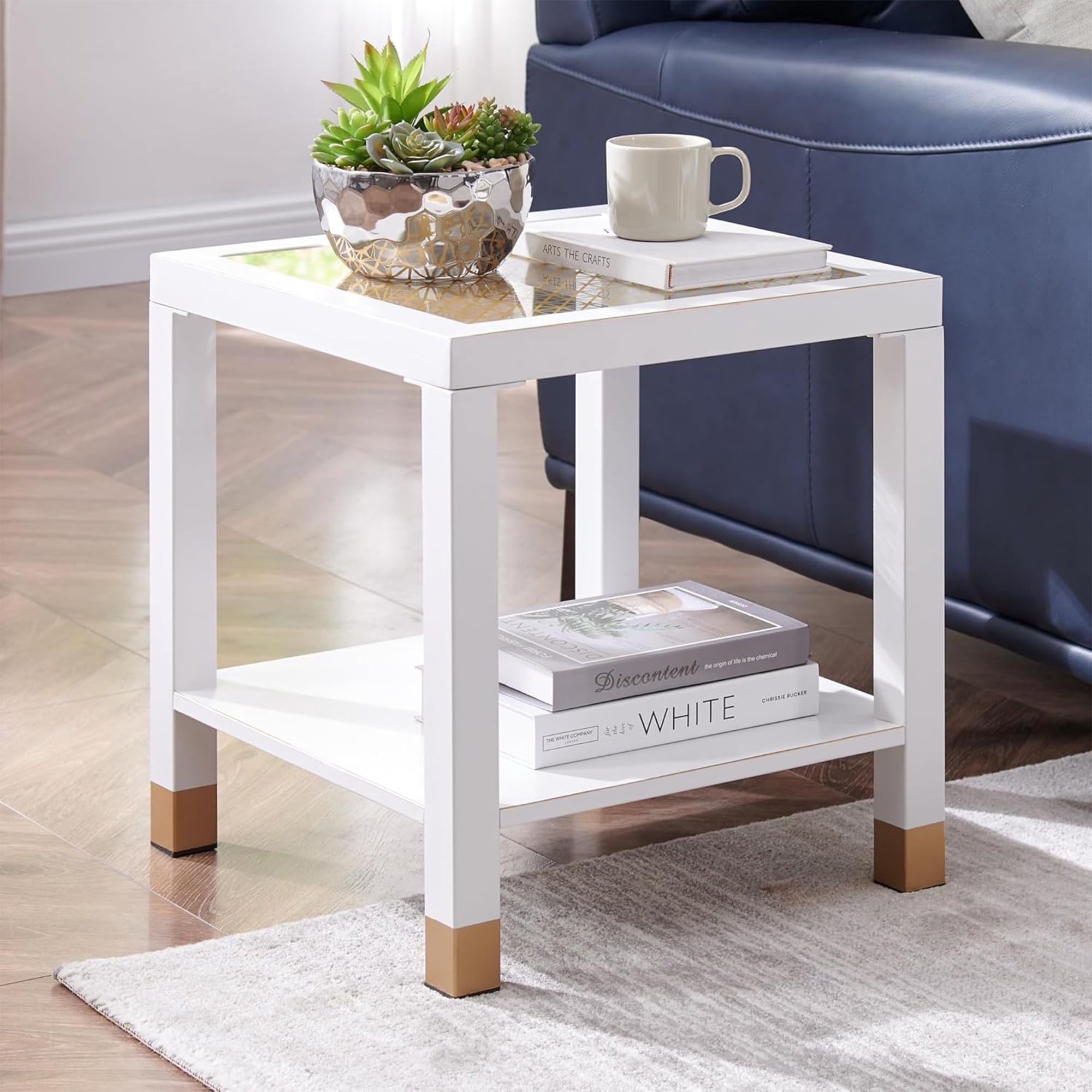 Leumius Glass End Table, Modern Style Side Table, Square Table with Tempered Glass and Metal Frame, 2-Layer Nightstand for Living Room White