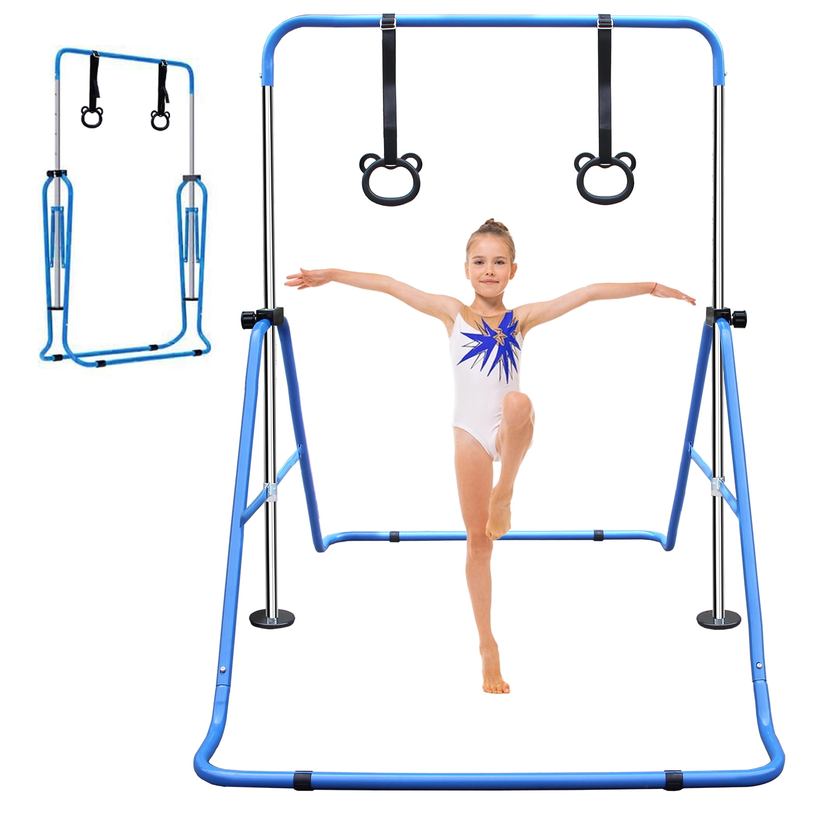 Leumius Gymnastics Bar for Kids,35"-51" Adjustable Height Steel Gymnastic Horizontal Bars with Bear Rings,Gymnastics Equipment for Indoor/Outdoor Training,Blue