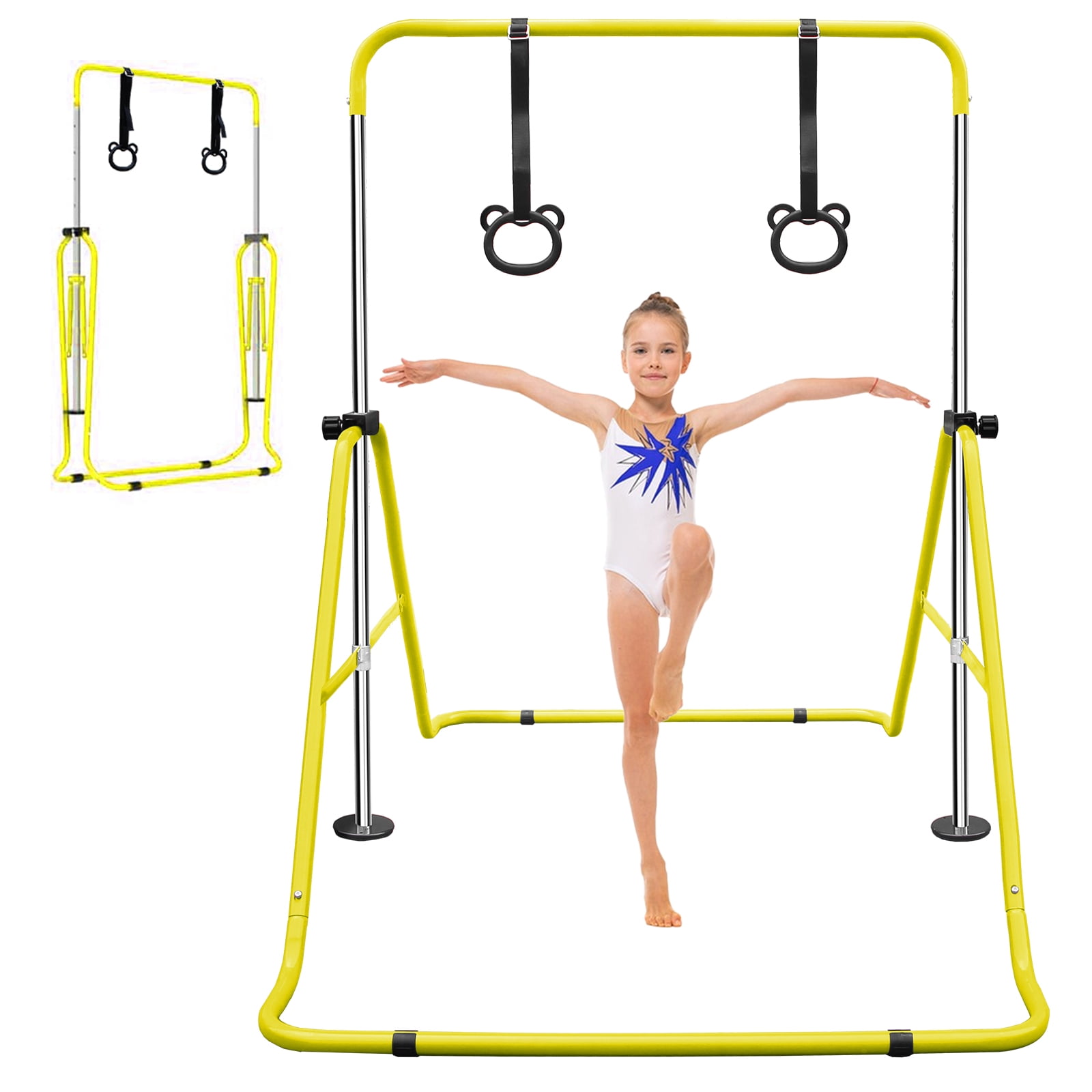 Leumius Gymnastics Bar for Kids,35"-51" Adjustable Height Steel Gymnastic Horizontal Bars with Bear Rings,Gymnastics Equipment for Indoor/Outdoor Training,Yellow