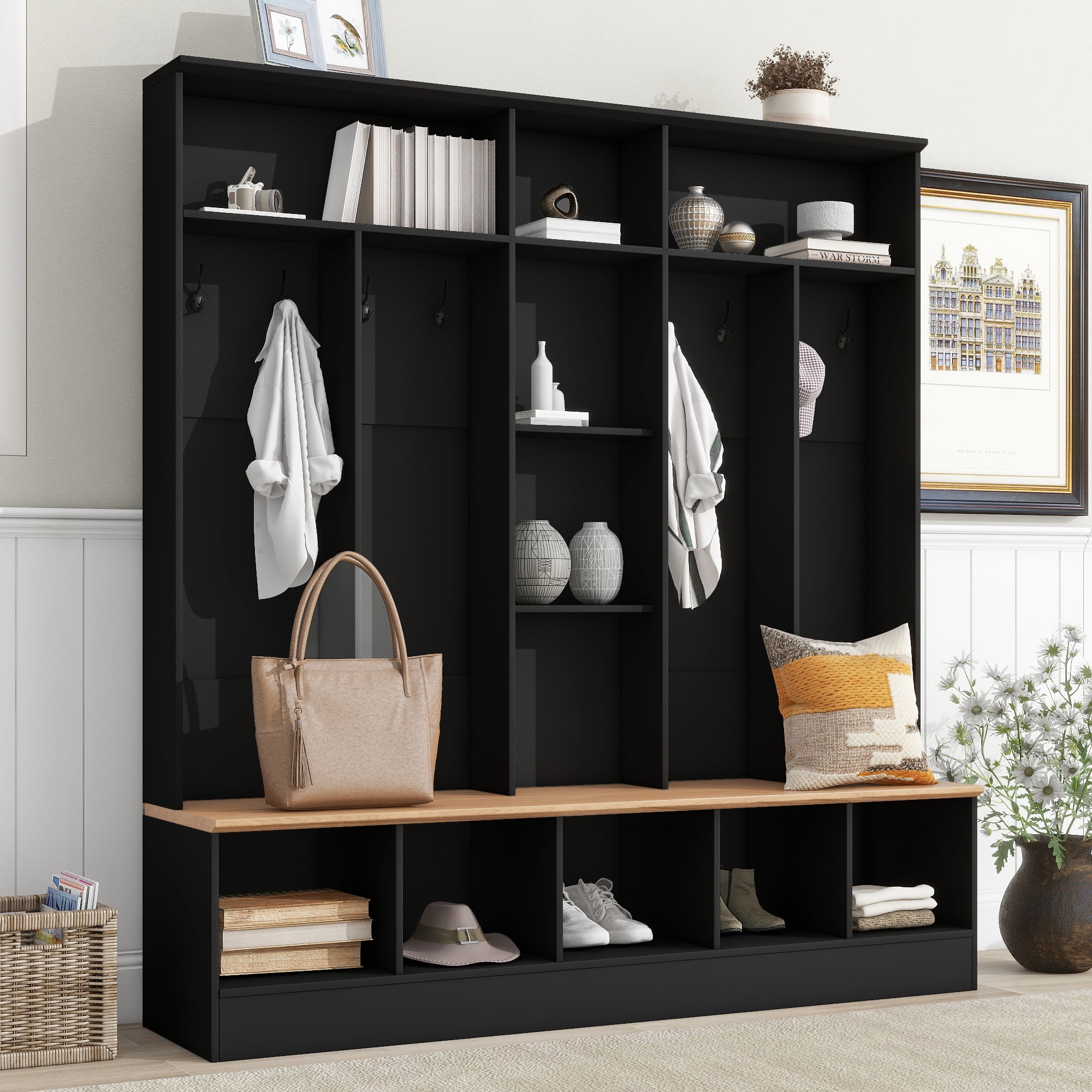 Leumius Hall Tree with Bench & Shoe Storage,72" Entryway Coat Rack with Cube Storage & Shelves, Multifunctional Coat Rack with 8 Hooks for Hallway, Living Room, Black