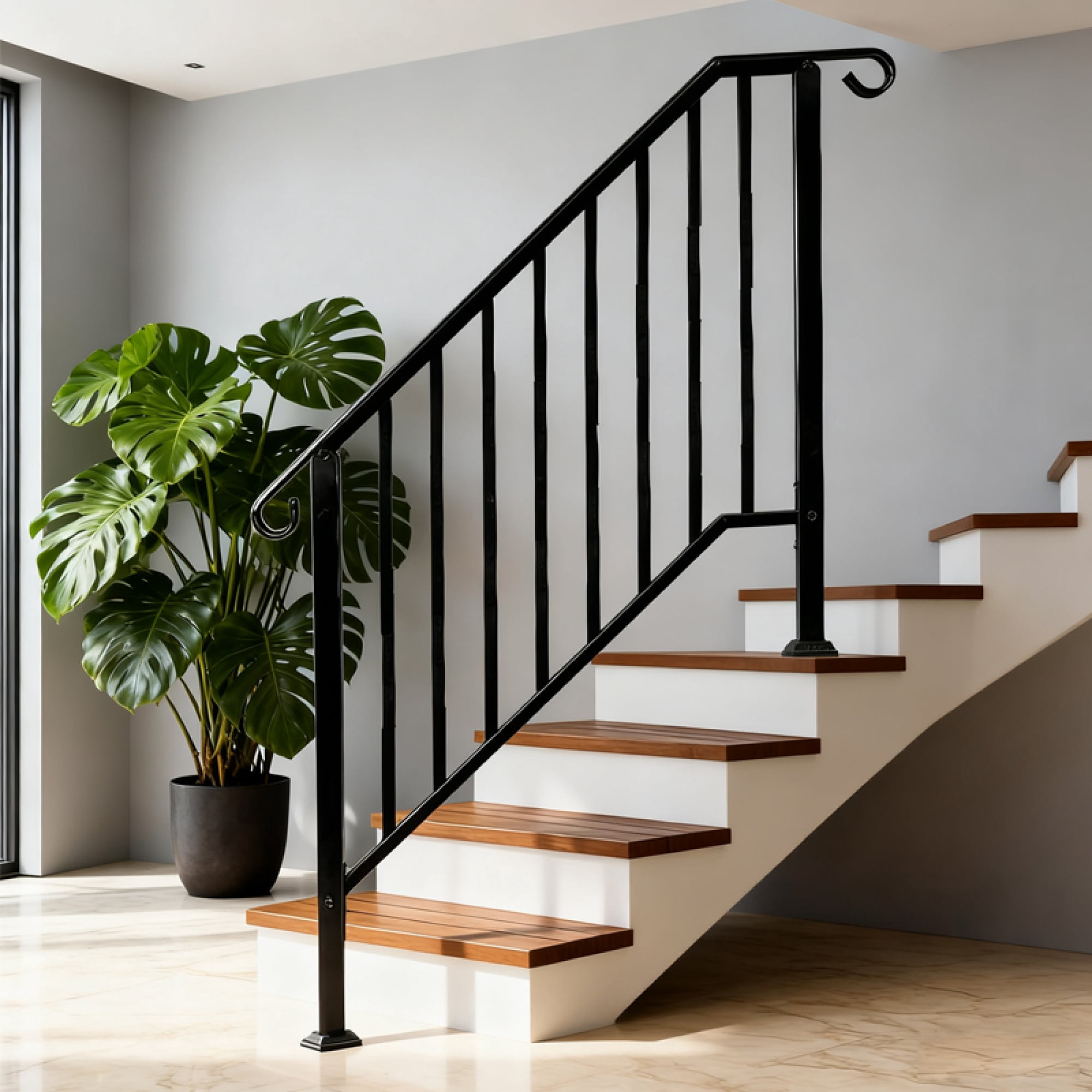 Leumius Hand Rails for Outdoor Steps,4 Step Galvanized Steel Railing Kit with Curved Ends and Safety Balusters Exterior Railing for Porch, Deck