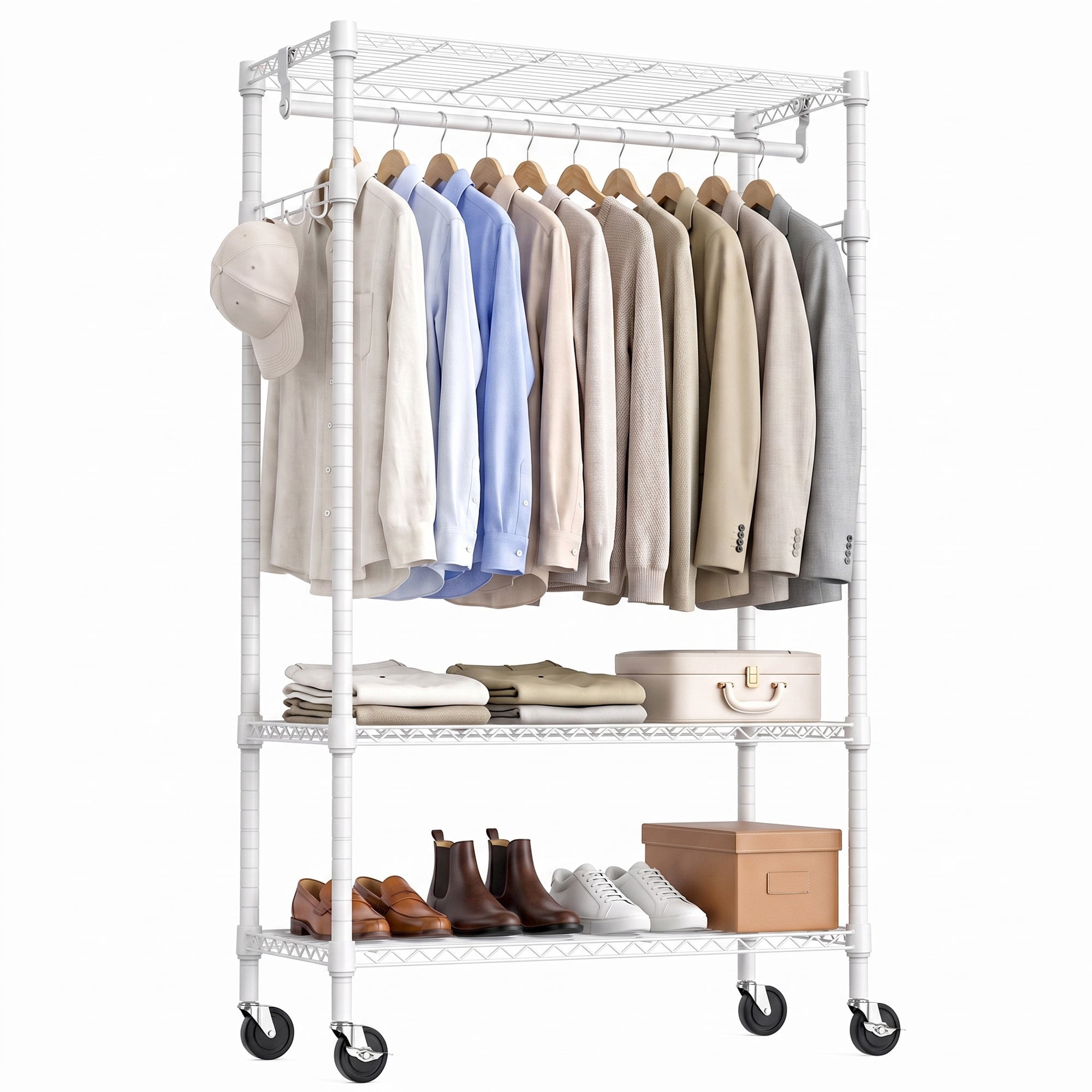 Leumius Heavy Duty Rolling Garment Rack, 3 Tiers Adjustable Wire Shelving Clothes Rack with Rods and Side Hooks,Storage Closet Clothing Rack with Wheels for Laundry Room Bedroom Cloakroom White