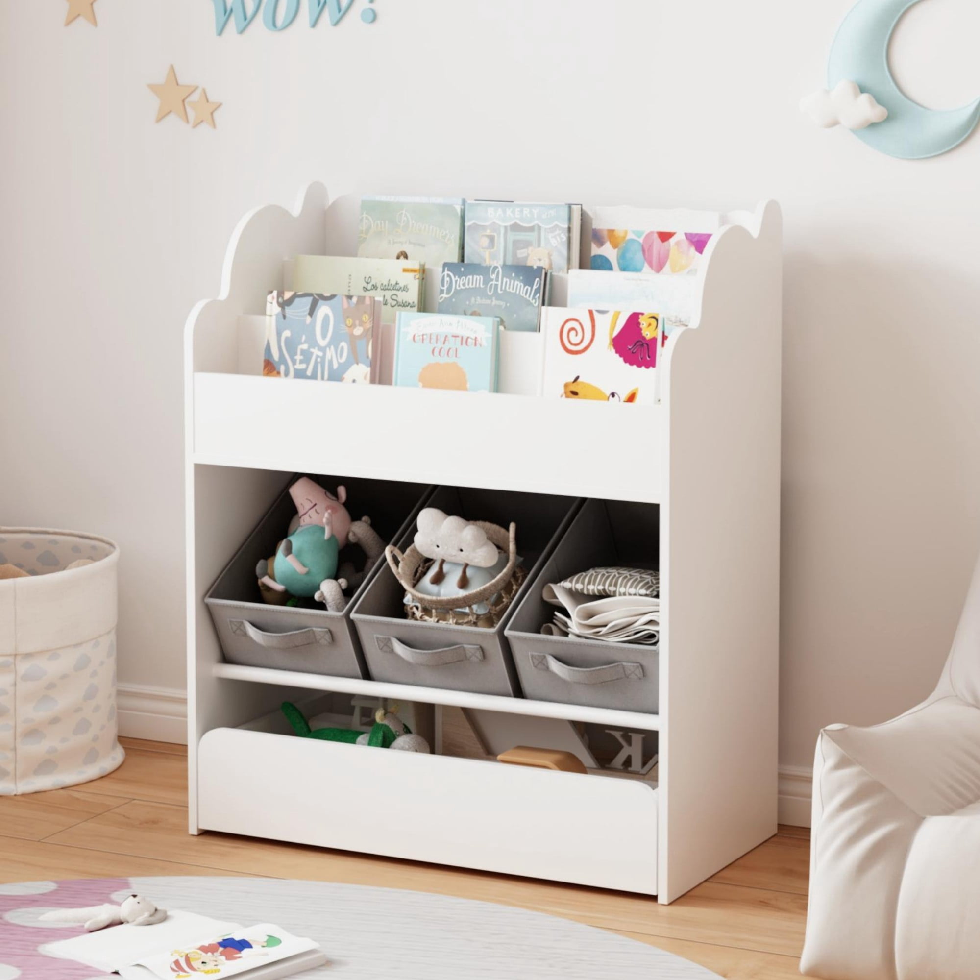 Leumius Kids Bin Storage and Bookcase,Multi-Functional Wooden Storage Organizer for Bedroom,Playroom,White