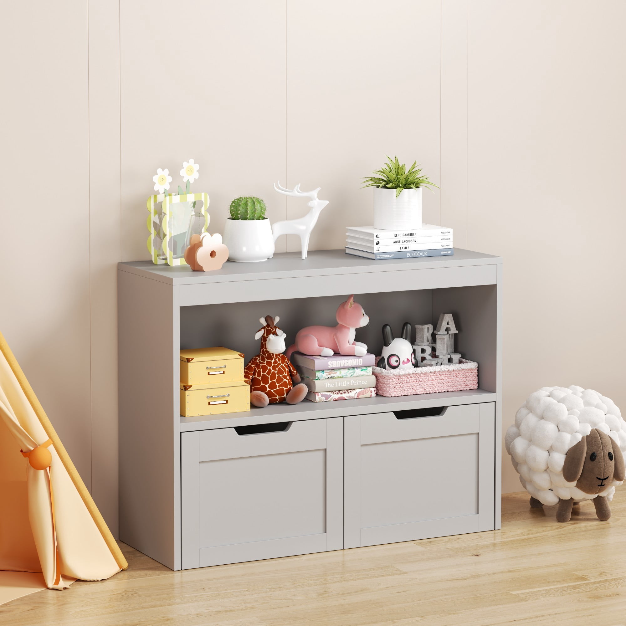 Leumius Kids Bookshelf and Toy Storage with 2 Removable Bins for Bedroom,Playroom,Gray