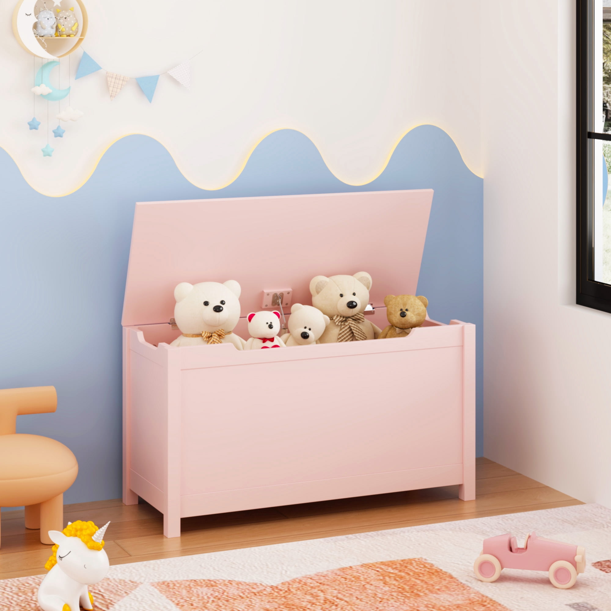 Leumius Kids Wooden Toy Box Storage Organizer with Safety Hinged Lid,Modern Toy Chest for Nursery,Playroom,Pink