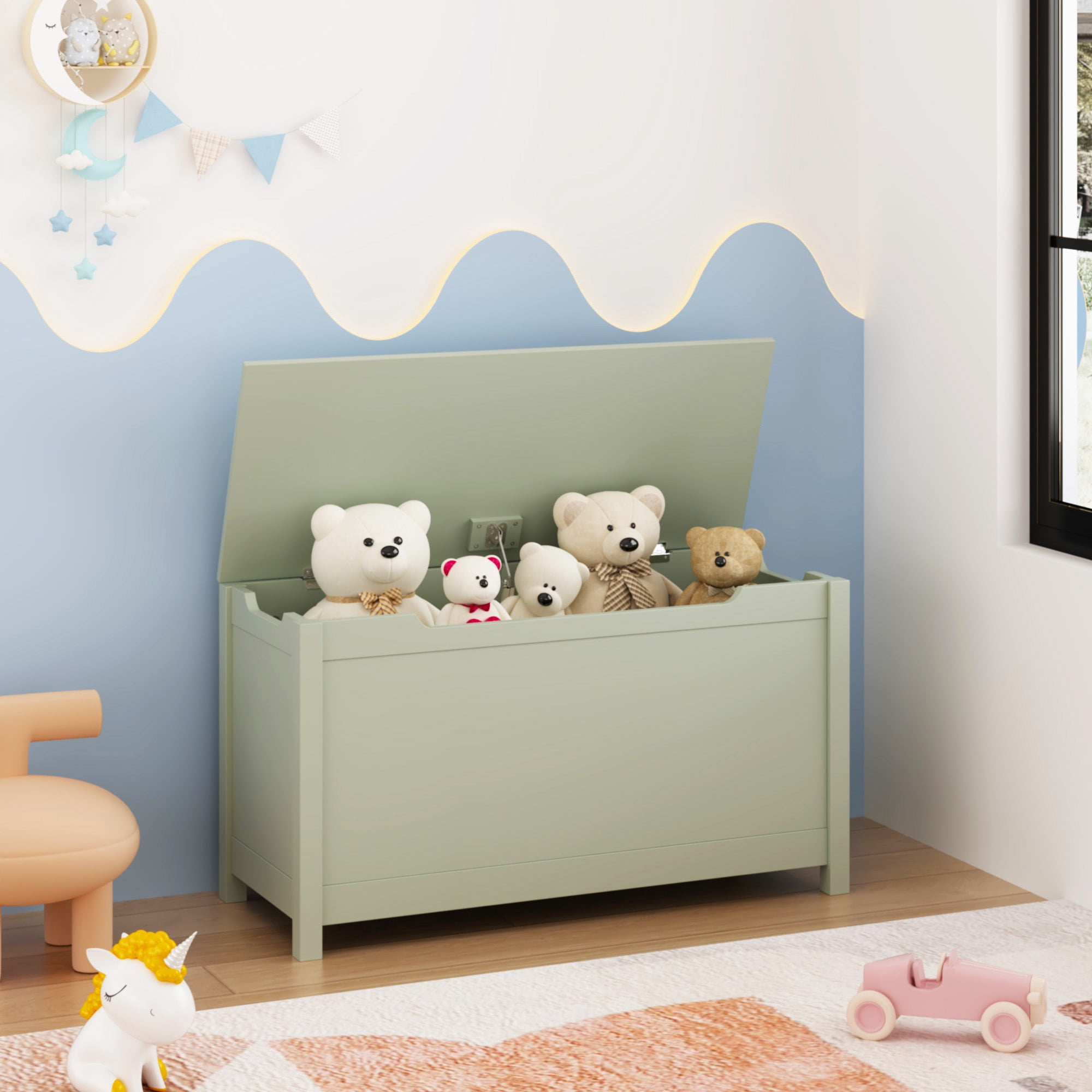 Leumius Kids Wooden Toy Box Storage Organizer with Safety Hinged Lid,Modern Toy Chest for Nursery,Playroom,Sage