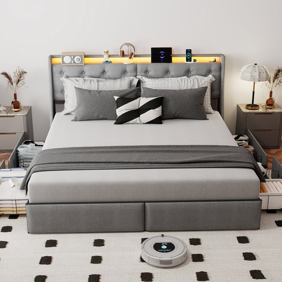 Leumius King Size Bed Frame with RGB LED Lights and Charging Station, Upholstered Platform Bed with Storage Headboard and 4 Underbed Drawers for Teen and Adult Grey