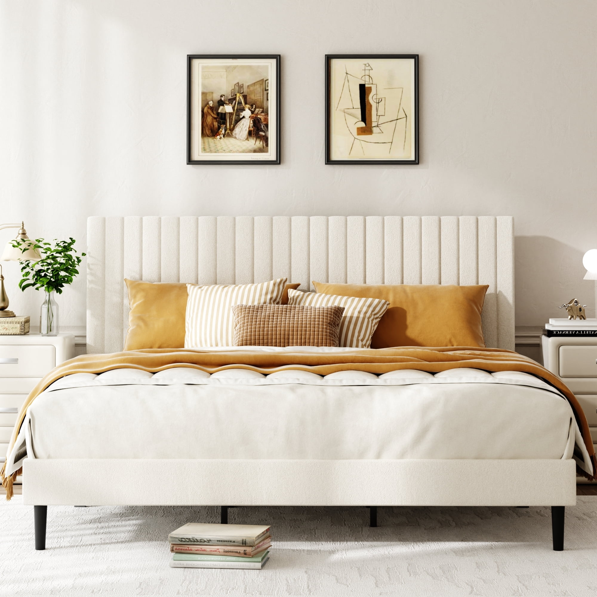 Leumius King Size Bed Frame,Velvet Upholstered Platform Bed Frame with Height-Adjustable Headboard,Sturdy Frame,Quiet Design,Easy to Assemble,Beige