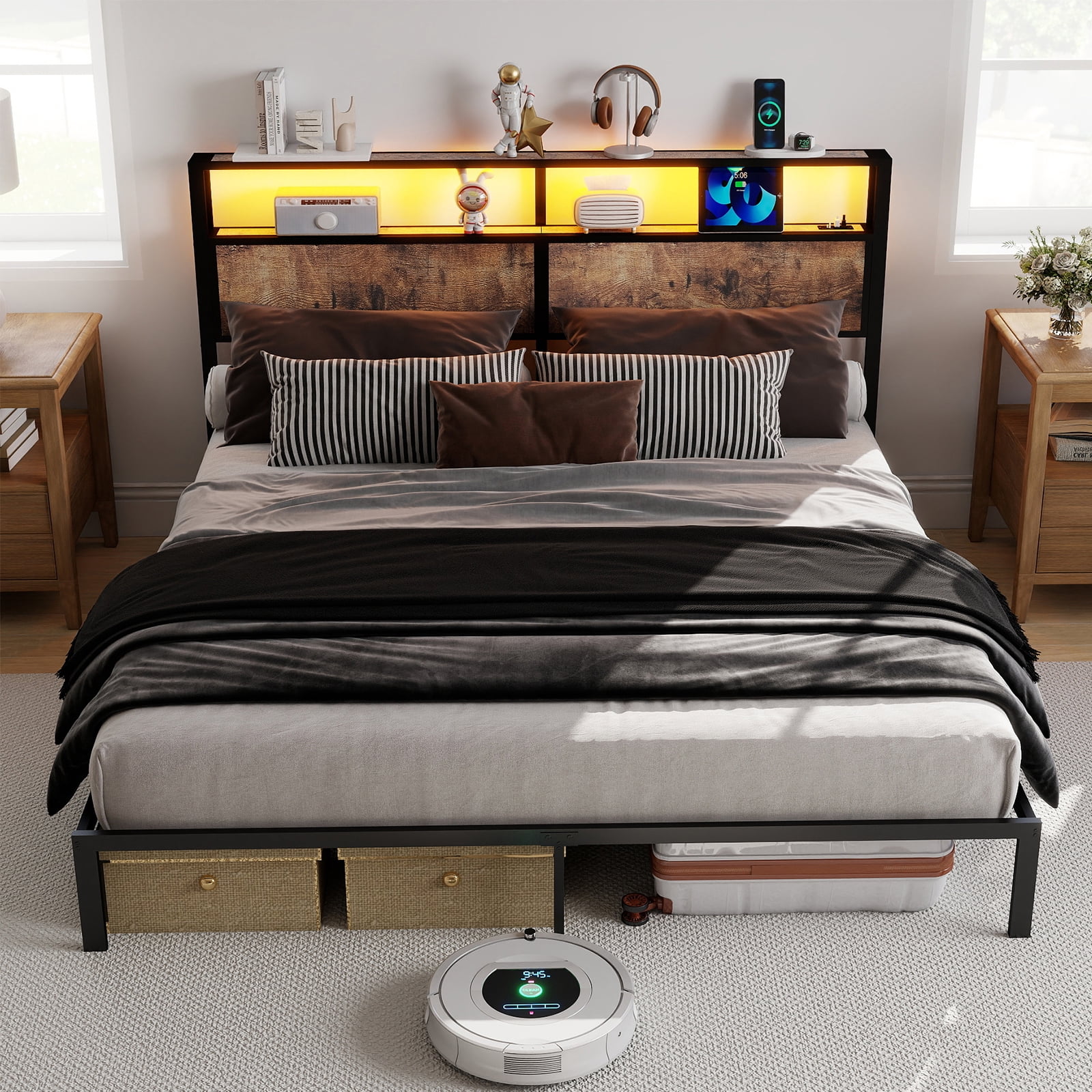 Leumius King Size Bed Frame with Headboard, Platform Bed with RGB LED Light & Charging Station & Under Bed Storage Space, Easy Assembly, Brown