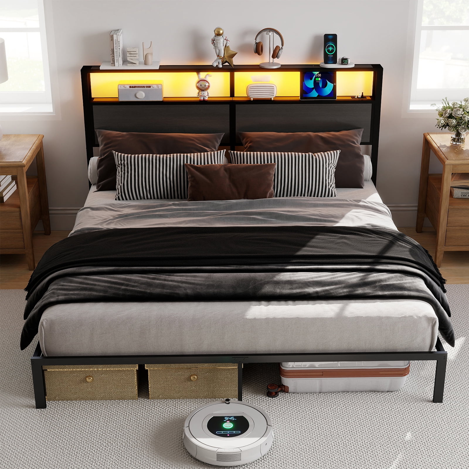 Leumius King Size Bed Frame with Headboard, Platform Bed with RGB LED Light & Charging Station & Under Bed Storage Space, Easy Assembly,Dark Gray