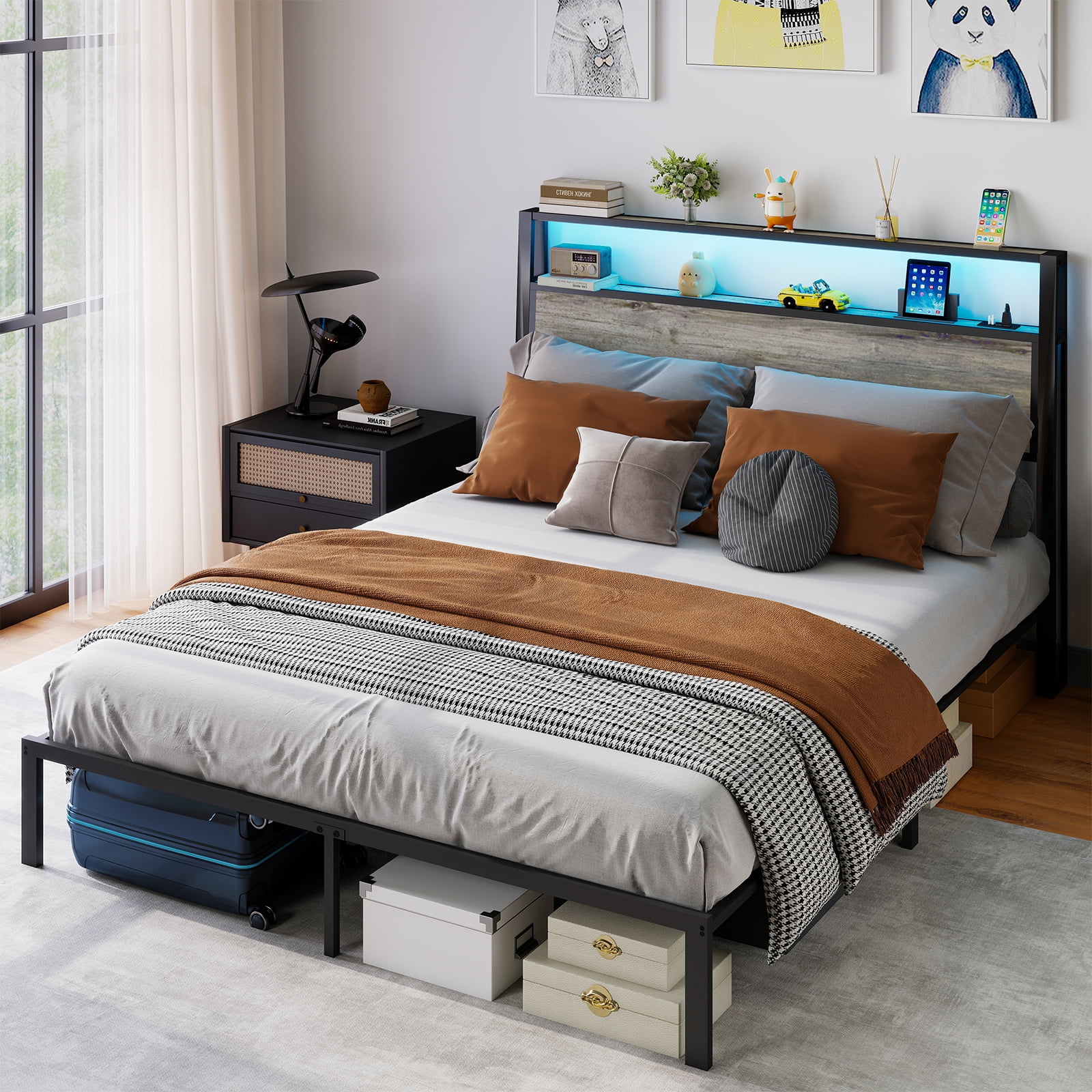 Leumius King Size Bed Frame with Headboard, Platform Bed with RGB LED Light & Charging Station & Under Bed Storage Space, Easy Assembly, Gray