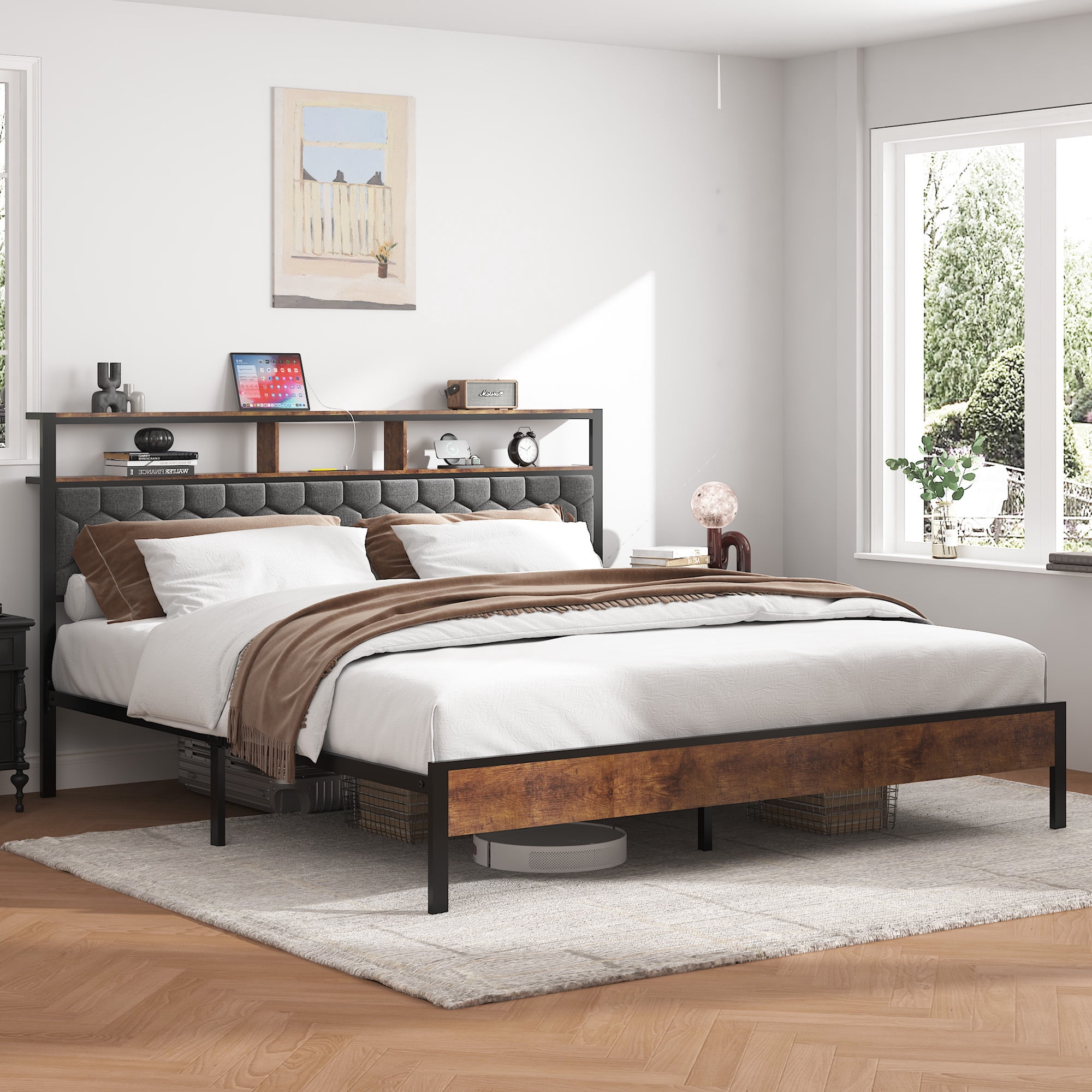 Leumius King Size Bed Frame with Upholstered Headboard, Industrial Style Platform Bed Frame with 2 USB Ports and Storage Shelf, Brown