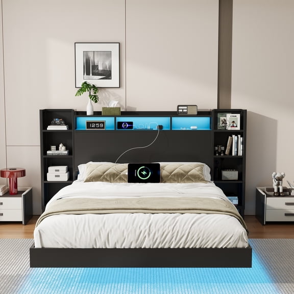 Leumius King Size Floating Bed Frame with Storage Headboard and LED Lights,Heavy Duty Metal Platform Bed with USB Charging Station,No Box Spring Needed,Black