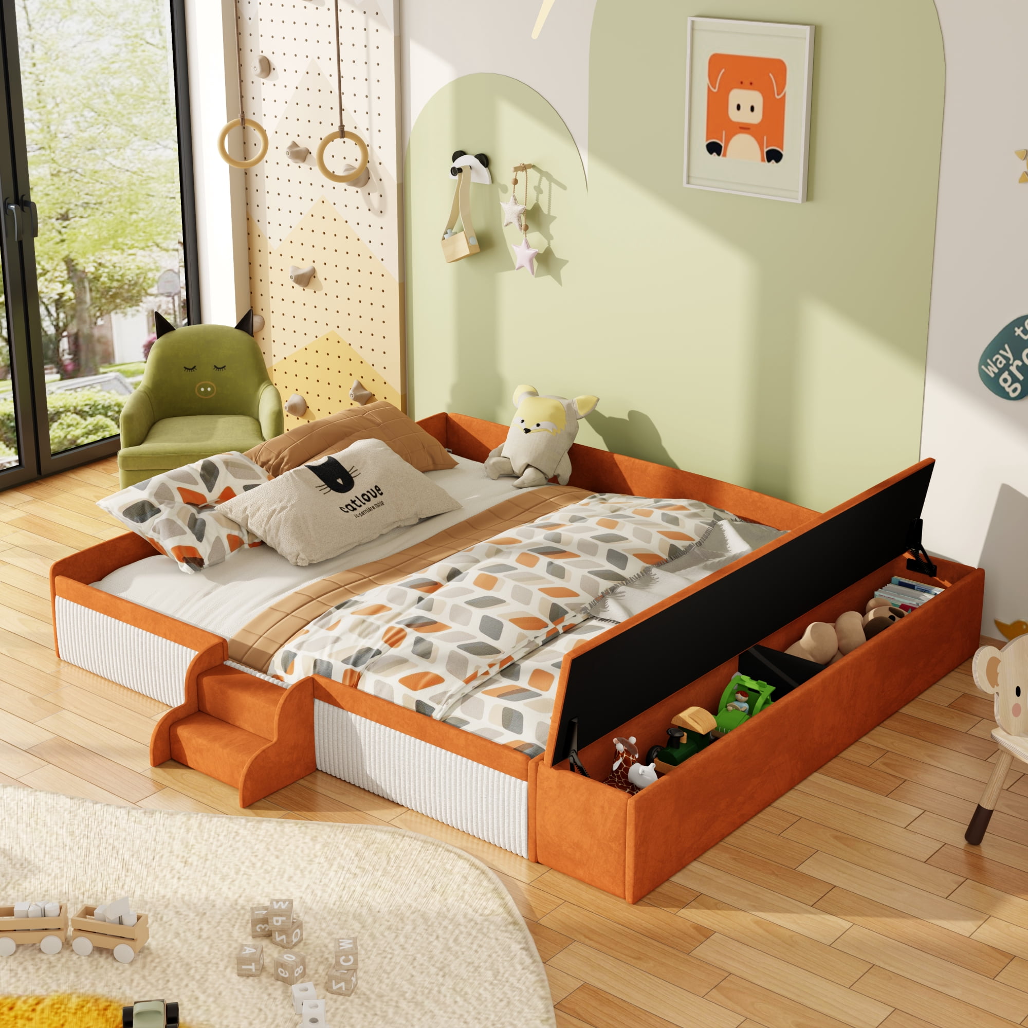 Leumius King Size Floor Bed Frame with Stairs & Gas Lift Storage Ottoman, Velvet Upholstered Daybed with Padded Guardrails, Brown+White