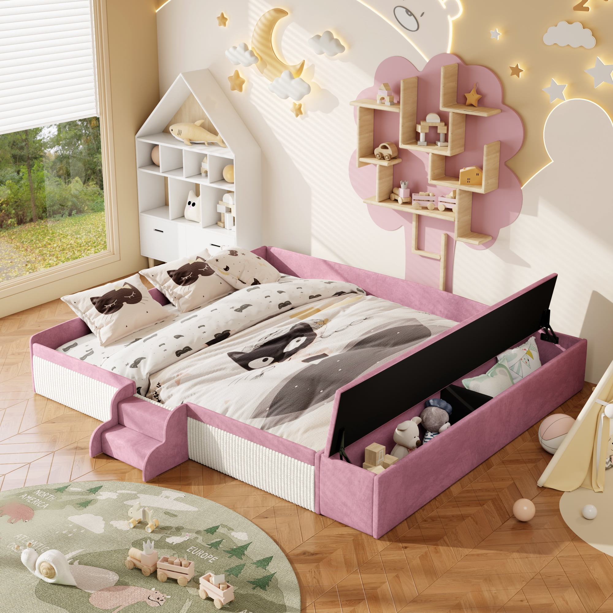Leumius King Size Floor Bed Frame with Stairs & Gas Lift Storage Ottoman, Velvet Upholstered Daybed with Padded Guardrails, Pink+White