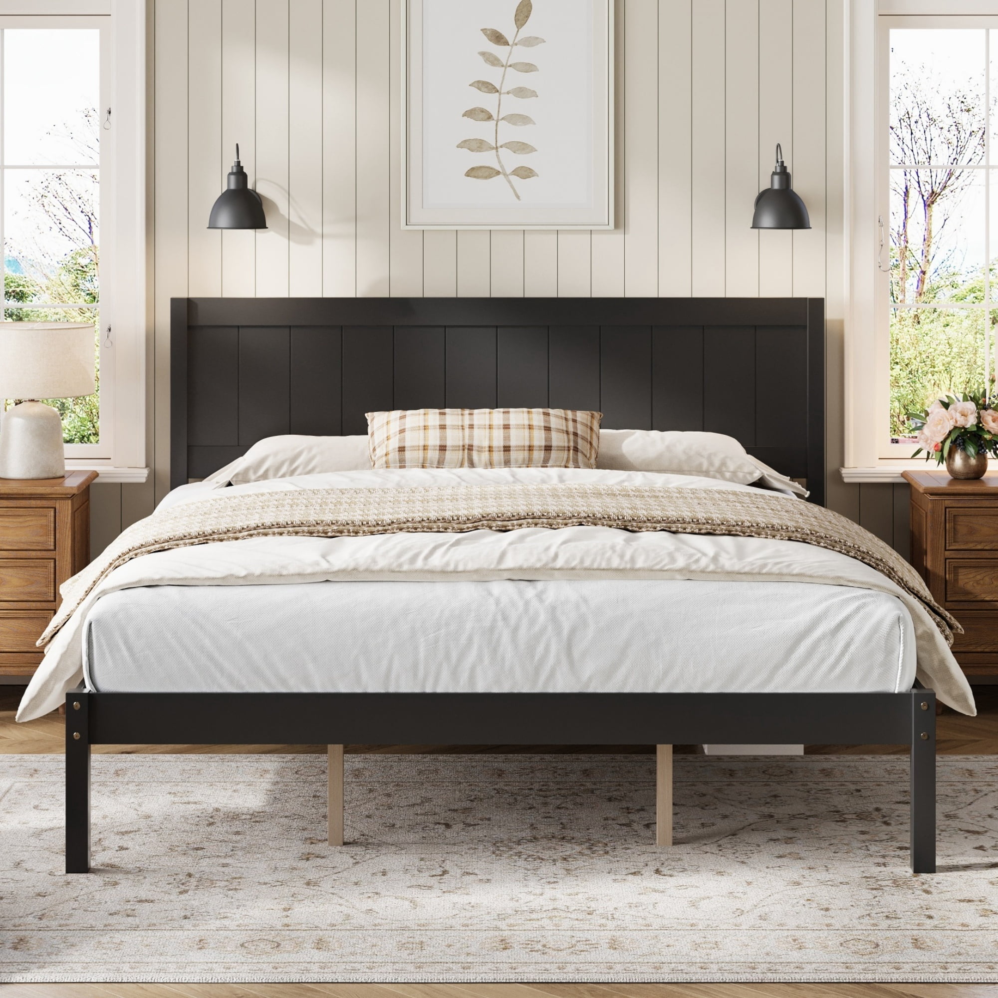 Leumius King Size Platform Bed Frame with Headboard, Wood Slat Support, No Box Spring Needed for Bedroom Guest Room Espresso