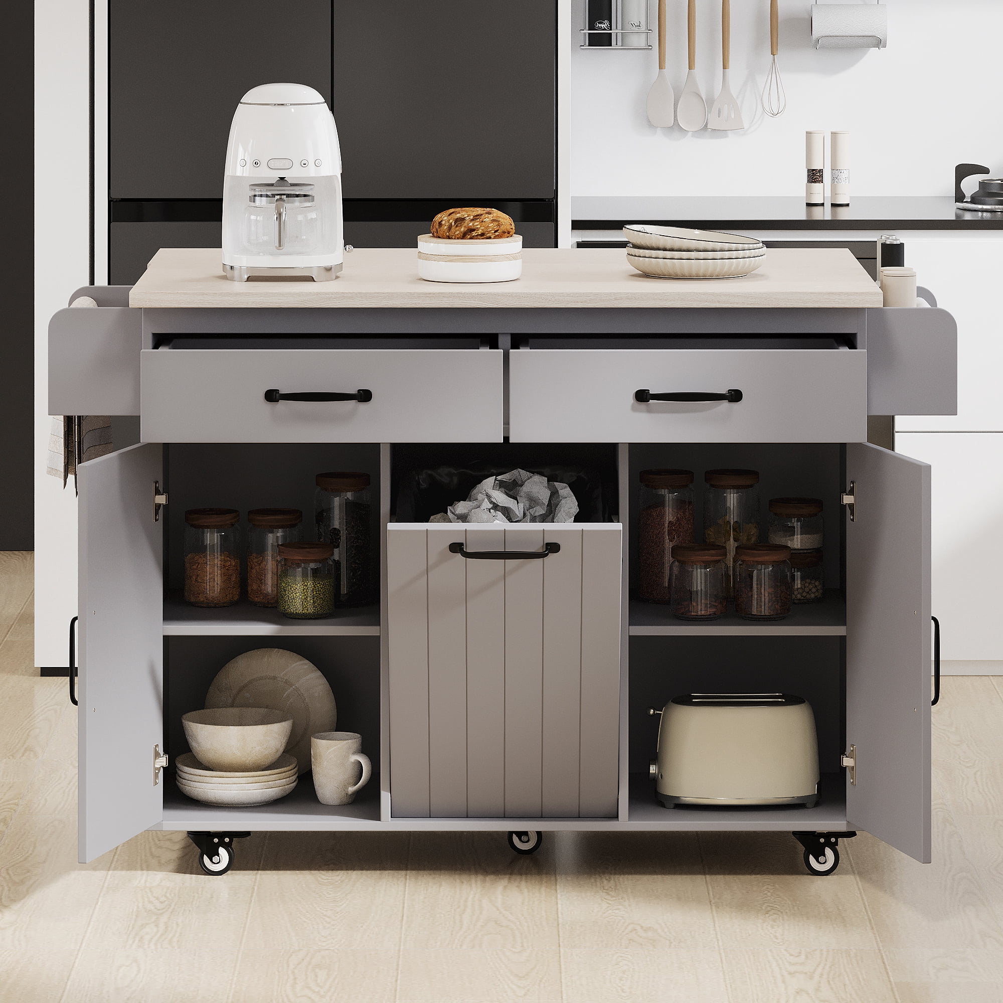 Leumius Kitchen Island with Trash Can Storage Cabinet, Kitchen Cart with Drop Leaf, Spice Rack, Towel Rack and Drawer, Rolling Kitchen Island on Wheels with Adjustable Shelf, Grey