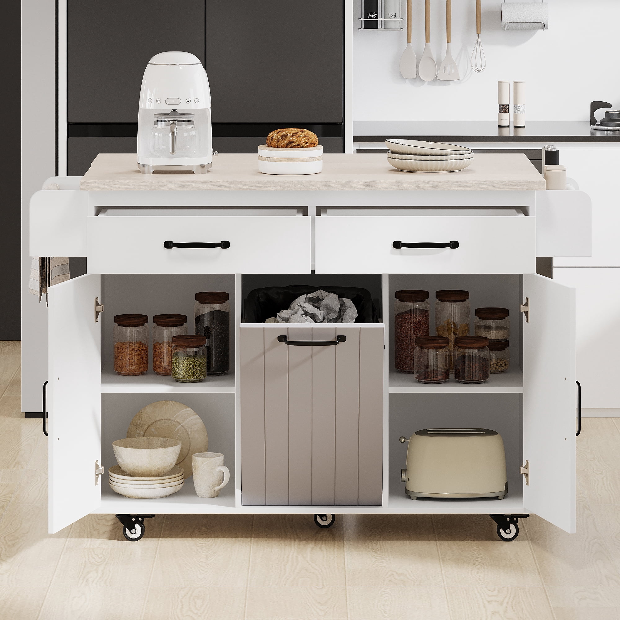 Leumius Kitchen Island with Trash Can Storage Cabinet, Kitchen Cart with Drop Leaf, Spice Rack, Towel Rack and Drawer, Rolling Kitchen Island on Wheels with Adjustable Shelf, White