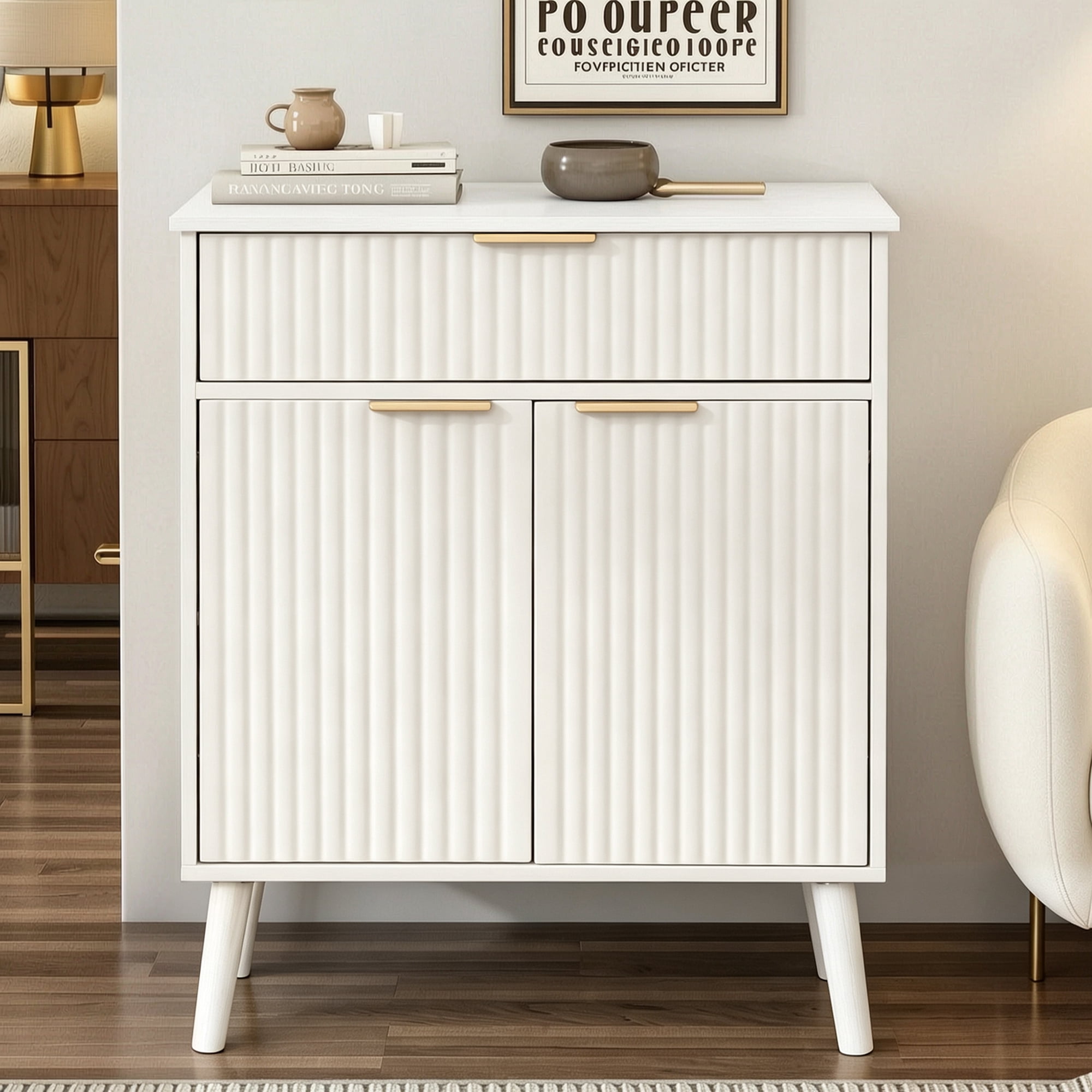 Leumius Kitchen Storage Cabinet with Adjustable Shelves,1 Drawer & 2 Doors,Sideboard Buffet Cabinet with Solid Wood Feet for Living Room, Kitchen, Entryway, White