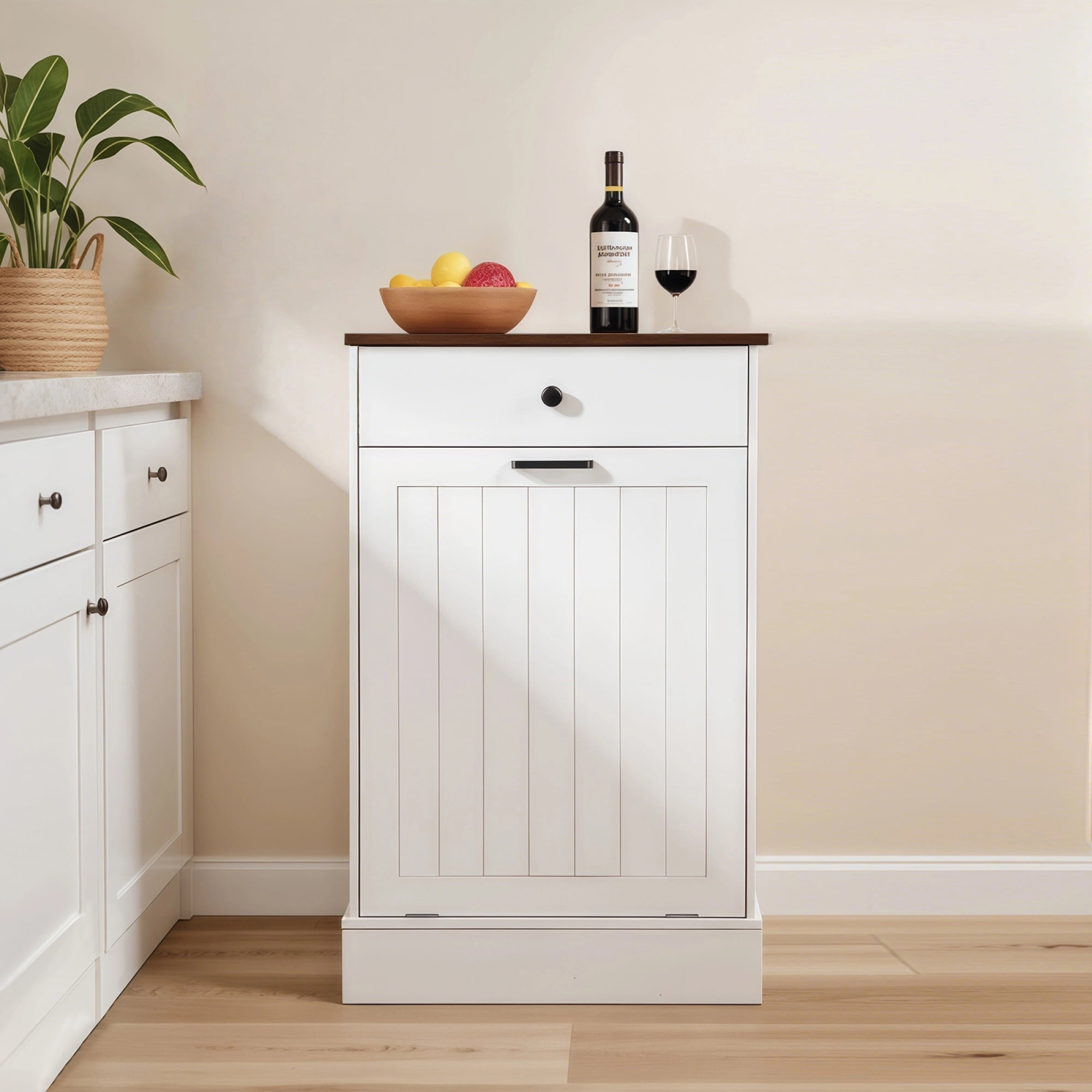 Leumius Kitchen Tilt Out Trash Can Cabinet,10 Gallon Hidden Wooden Trash Can Cabinet with Drawer,Free Standing Garbage Cabinet for Kitchen, Living Room,White