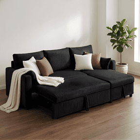 Leumius L Shaped Corduroy Sectional Sofa, 3 Seater Convertible Sofa Bed with Pull Out Bed & Storage Chaise, Sleeper Sofa Couch Bed for Small Living Room, Apartment, Office,Black