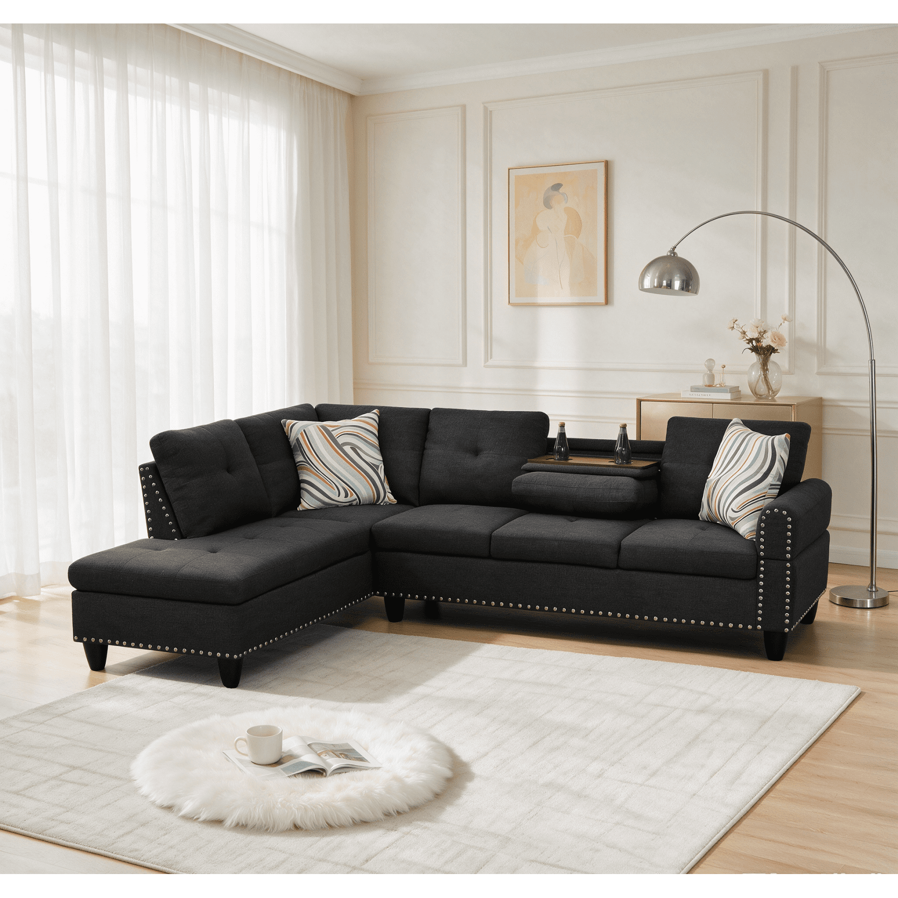 Leumius L-Shaped Sectional Sofa, Modern 4-Seat Couch with Built-in Cup Holders, Upholstered Fabric Sectional Couch with Left Facing Chaise for Living Room, Apartment, Office,Black