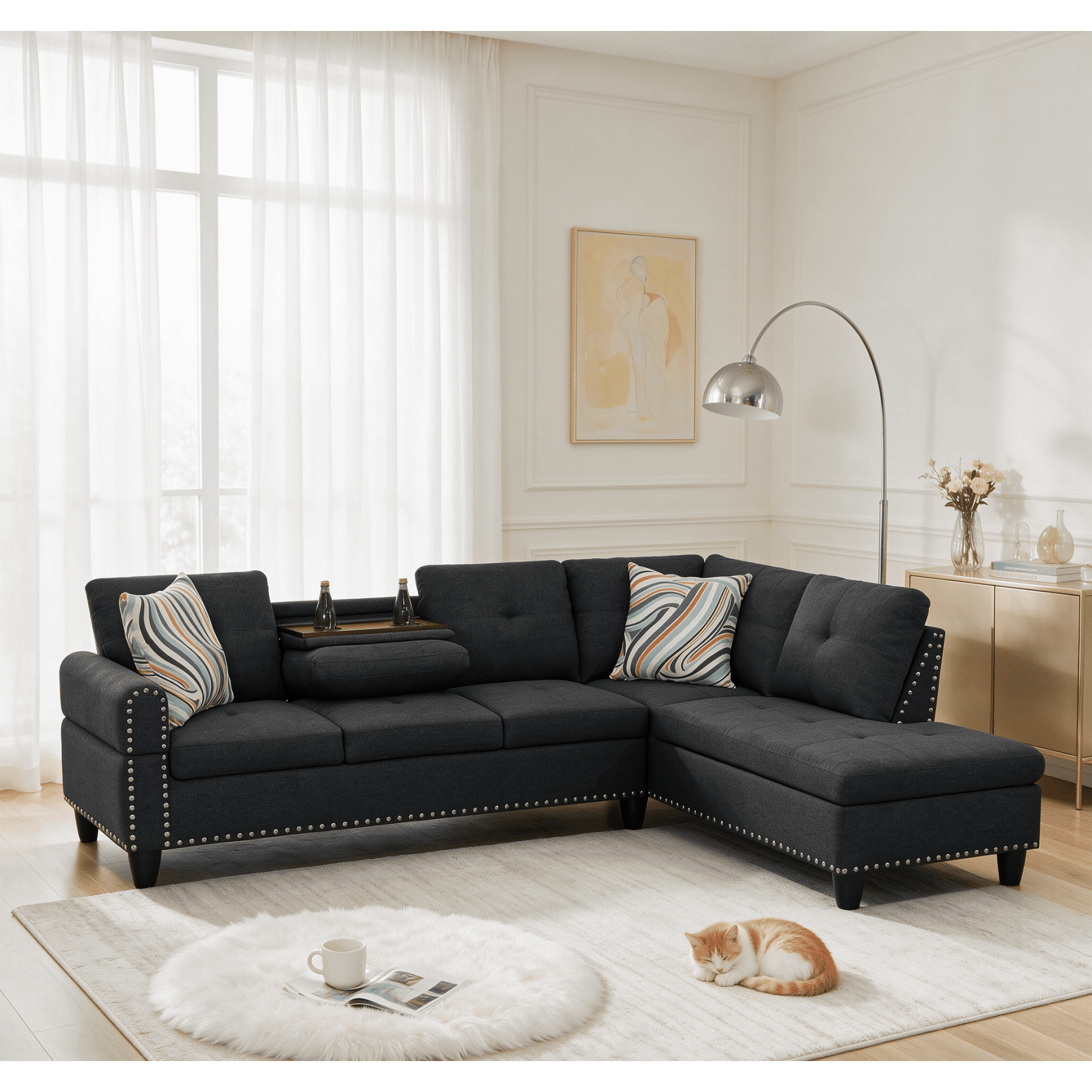 Leumius L-Shaped Sectional Sofa, Modern 4-Seat Couch with Built-in Cup Holders, Upholstered Fabric Sectional Couch with Right Facing Chaise for Living Room, Apartment, Office,Black