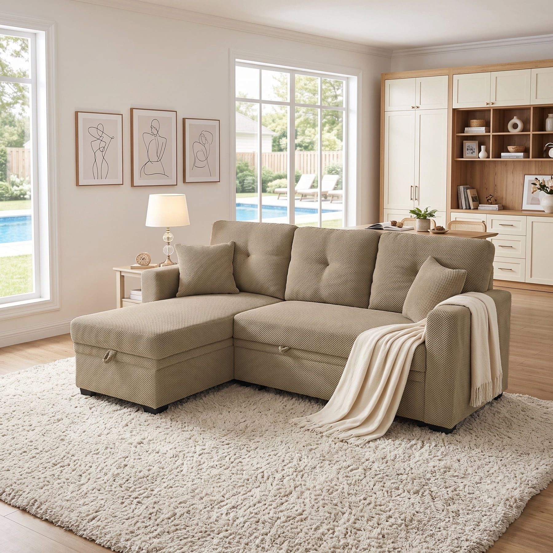 Leumius L Shaped Sectional Sofa with Pull Out Bed and Storage Chaise, 3 Seater Sectional Couch Convertible Sofa Bed for Small Space, Apartment & Guest Room, Camel