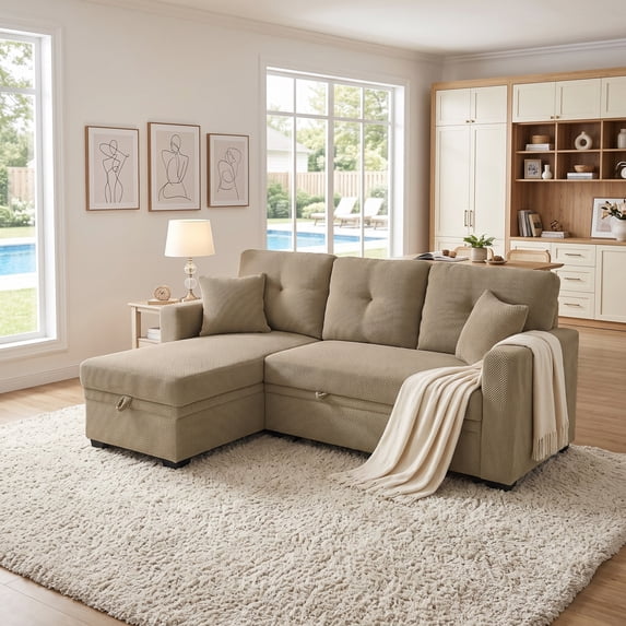Leumius L Shaped Sectional Sofa with Pull Out Bed and Storage Chaise, 3 Seater Sectional Couch Convertible Sofa Bed for Small Space, Apartment & Guest Room, Camel
