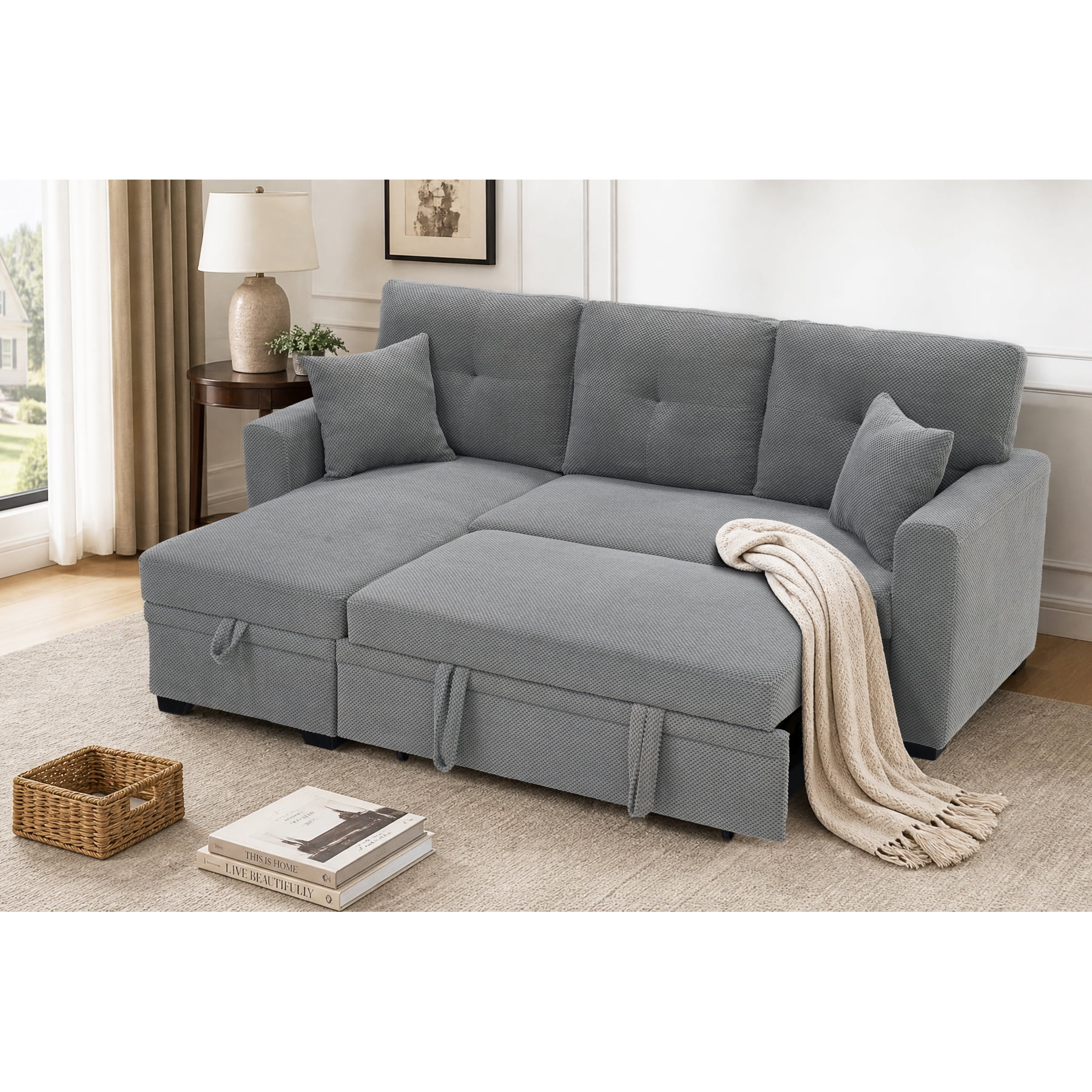 Leumius L Shaped Sectional Sofa with Pull Out Bed and Storage Chaise, 3 Seater Sectional Couch Convertible Sofa Bed for Small Space, Apartment & Guest Room, Light Gray