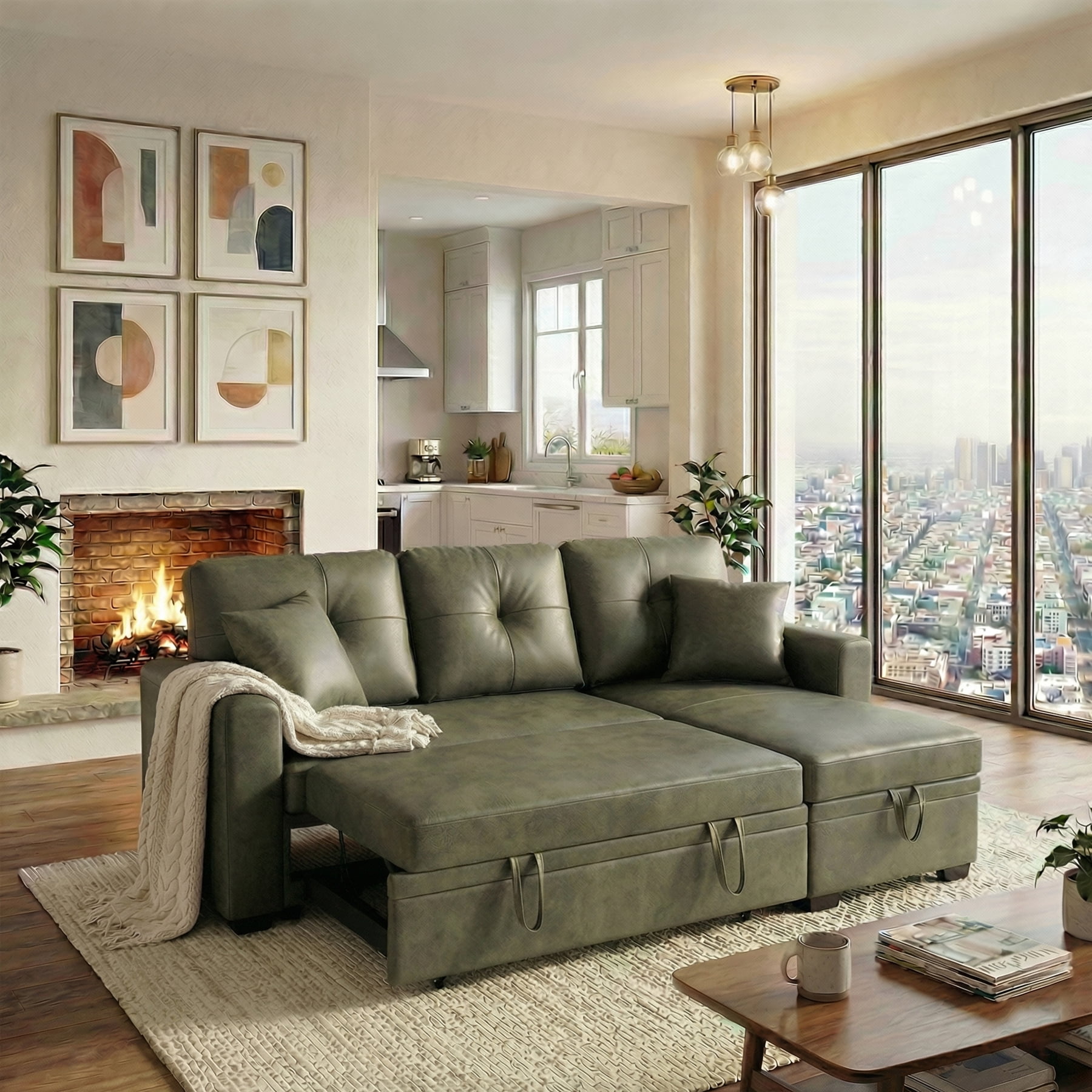 Leumius L Shaped Sectional Sofa with Pull Out Bed and Storage Chaise, 3 Seater Sectional Couch Convertible Sofa Bed for Small Space, Apartment & Guest Room, Olive Green