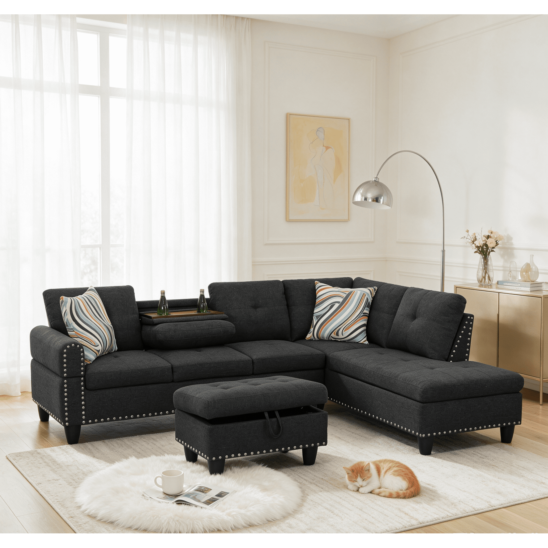 Leumius L-Shaped Sectional Sofa with Chaise and Storage Ottoman,Modern 4 Seater Corner Sofa with Rivet Trim Design and 2 Cupholders,Black