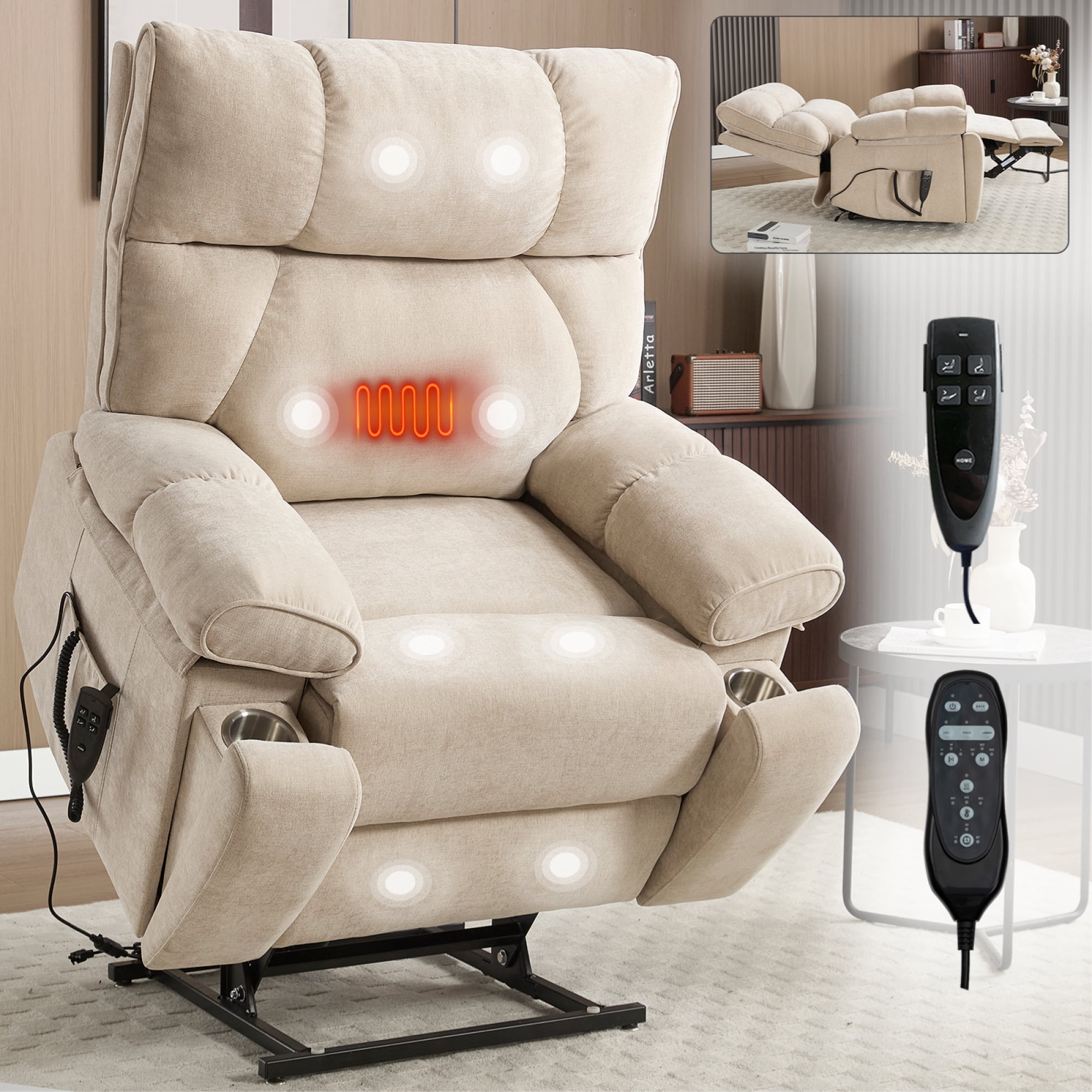 Leumius Large Electric Power Lift Recliner Chair for Elderly,23.5" Extra Wide Seat Recliners Single Sofa with Vibration Massage and Lumbar Heating,Dual Motor,Infinite Position,Beige+Chenille