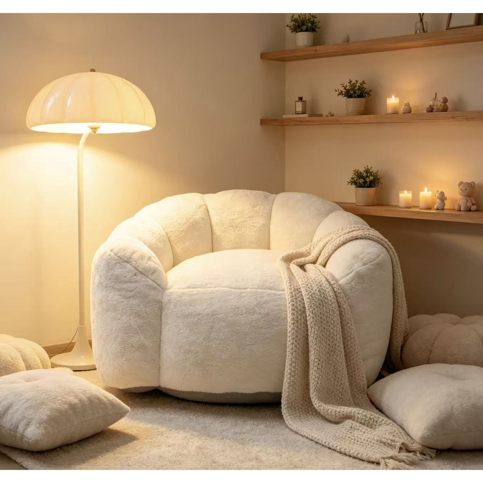 Leumius Large Lazy Sofa Chair, Comfortable Velvet Fabric Large Petal Sofa for Bedroom, Living Room and Gaming Beige