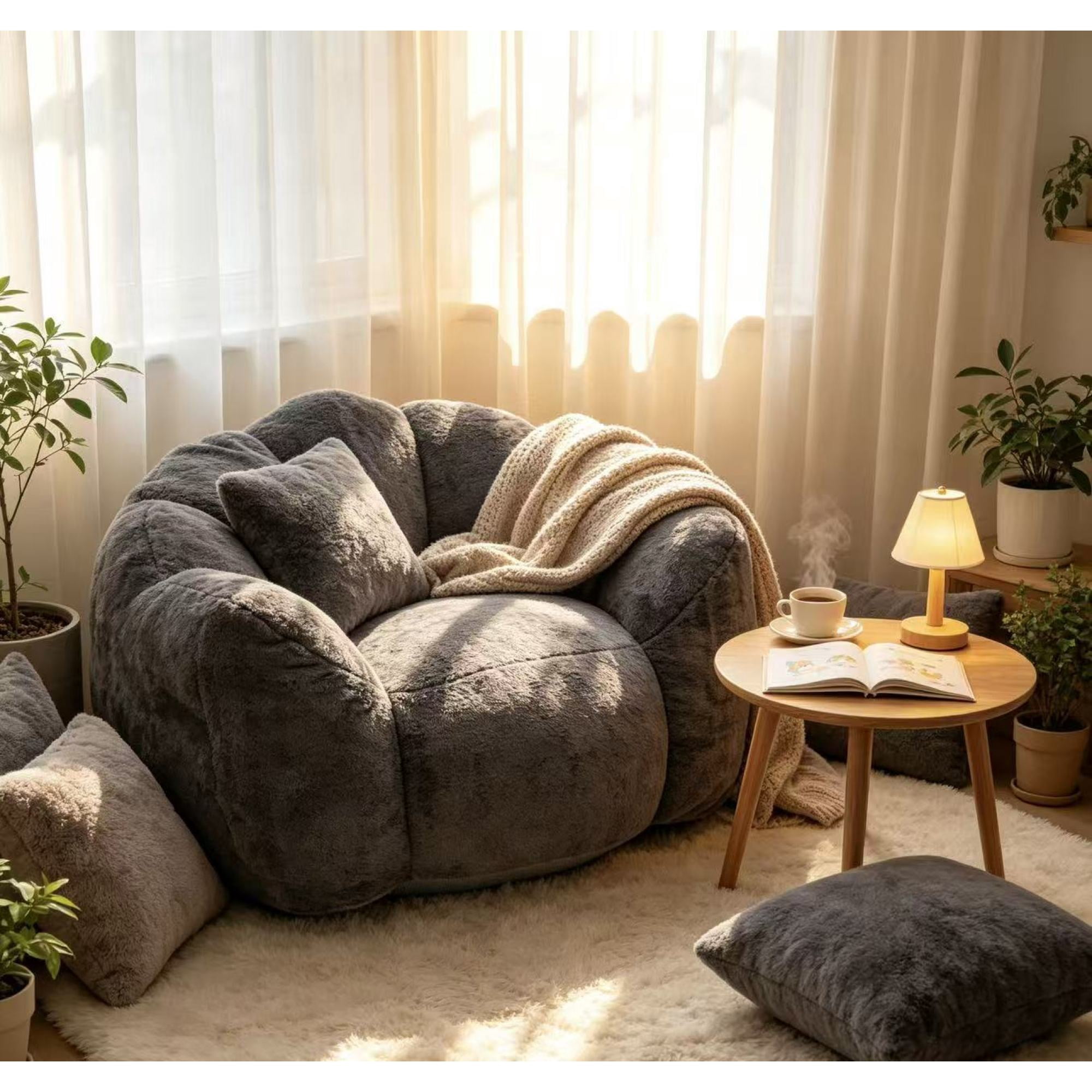 Leumius Large Lazy Sofa Chair, Comfortable Velvet Fabric Large Petal Sofa for Bedroom, Living Room and Gaming Grey