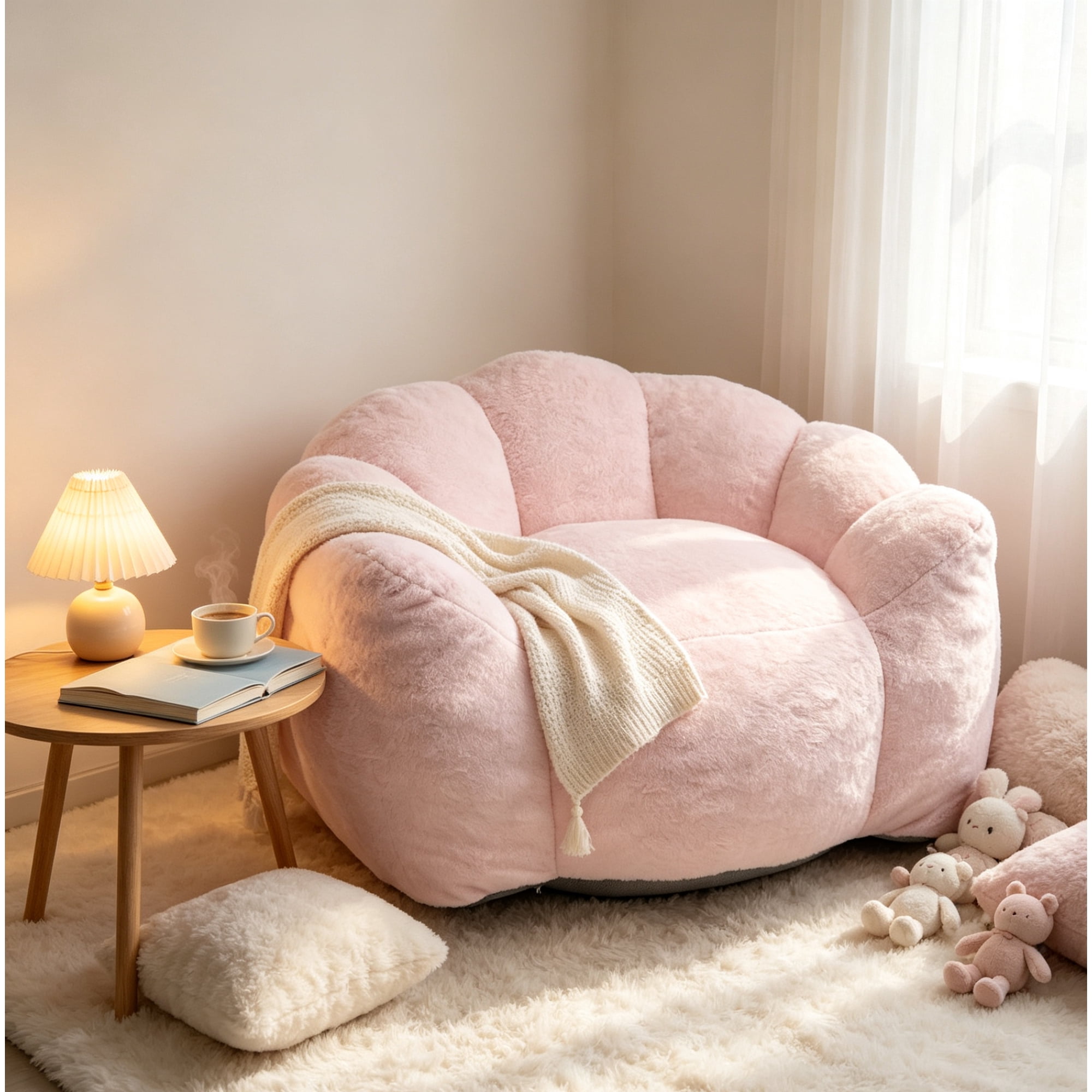 Leumius Large Lazy Sofa Chair, Comfortable Velvet Fabric Large Petal Sofa for Bedroom, Living Room and Gaming Pink