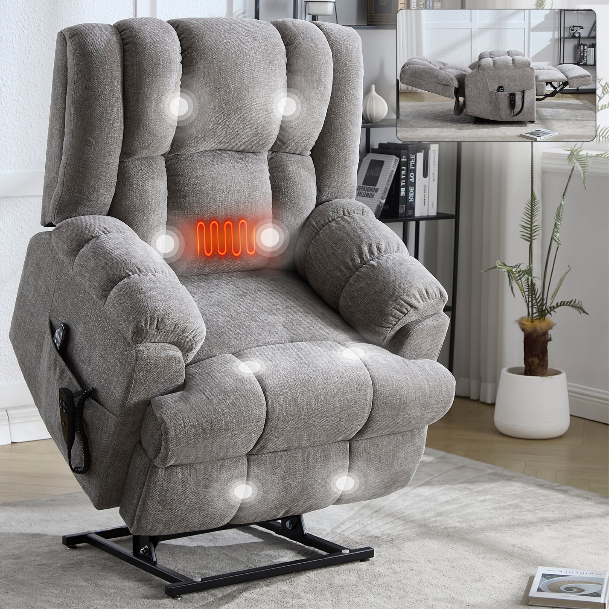 Leumius Large Power Lift Recliner Chair for Elderly,Heavy Duty Dual Motor Chenille Electric Recliners Chair with Massage and Heat for Living Room,Light Gray