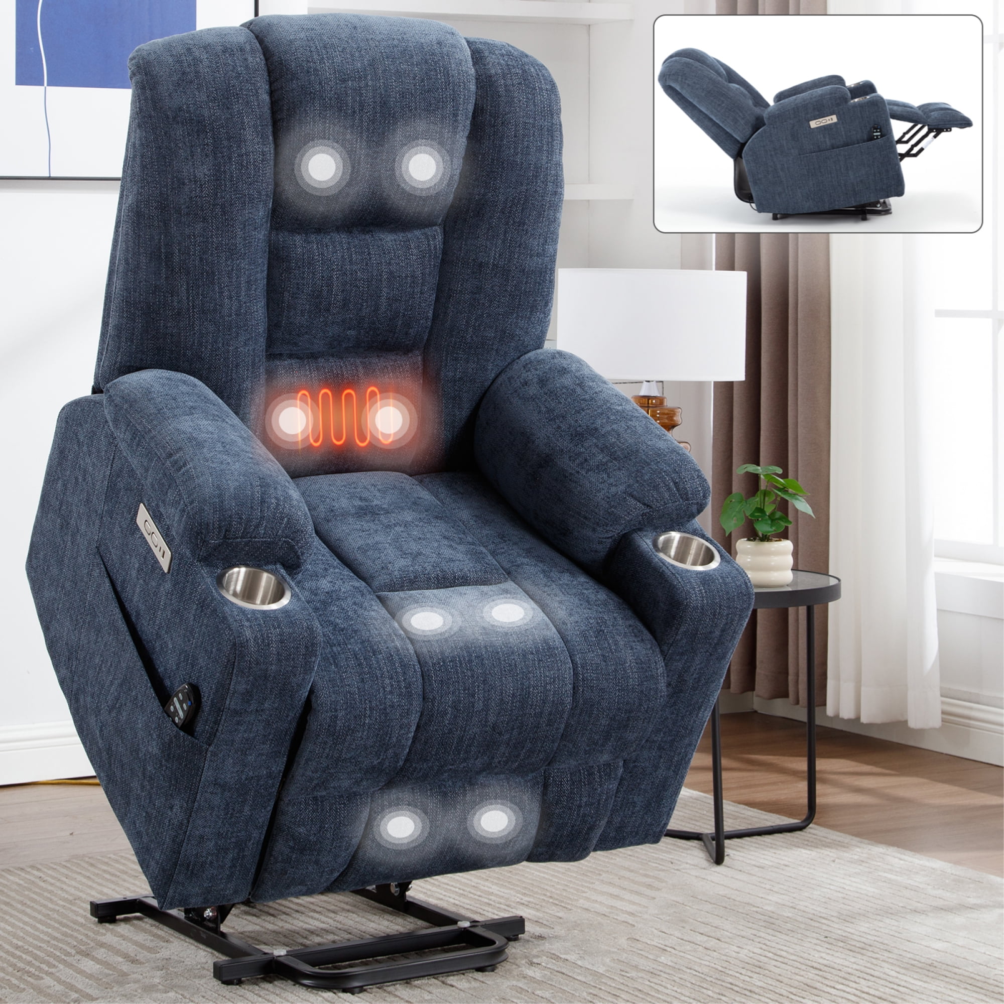 Leumius Large Power Lift Recliner Chair for Elderly,Heavy Duty Recliners with Vibration Massage and Lumbar Heating,Single Sofa with USB and Type C Ports, 2 Steel Cup Holders,Blue