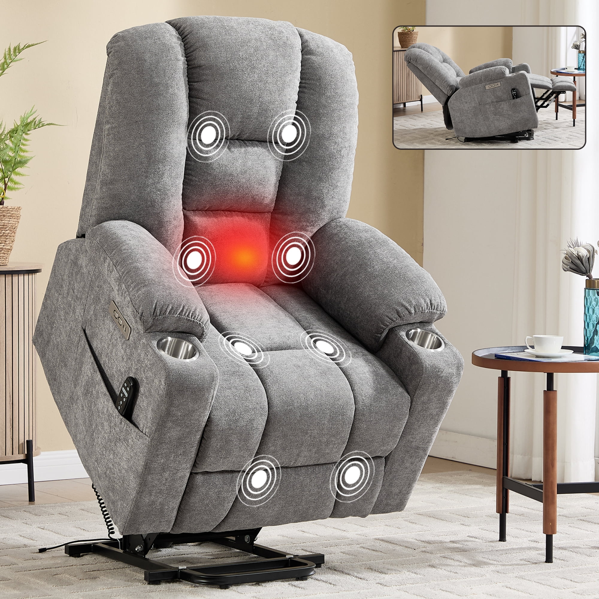 Leumius Large Power Lift Recliner Chair for Elderly,Heavy Duty Recliners with Vibration Massage and Lumbar Heating,Single Sofa with USB and Type C Ports, 2 Steel Cup Holders,Light Gray