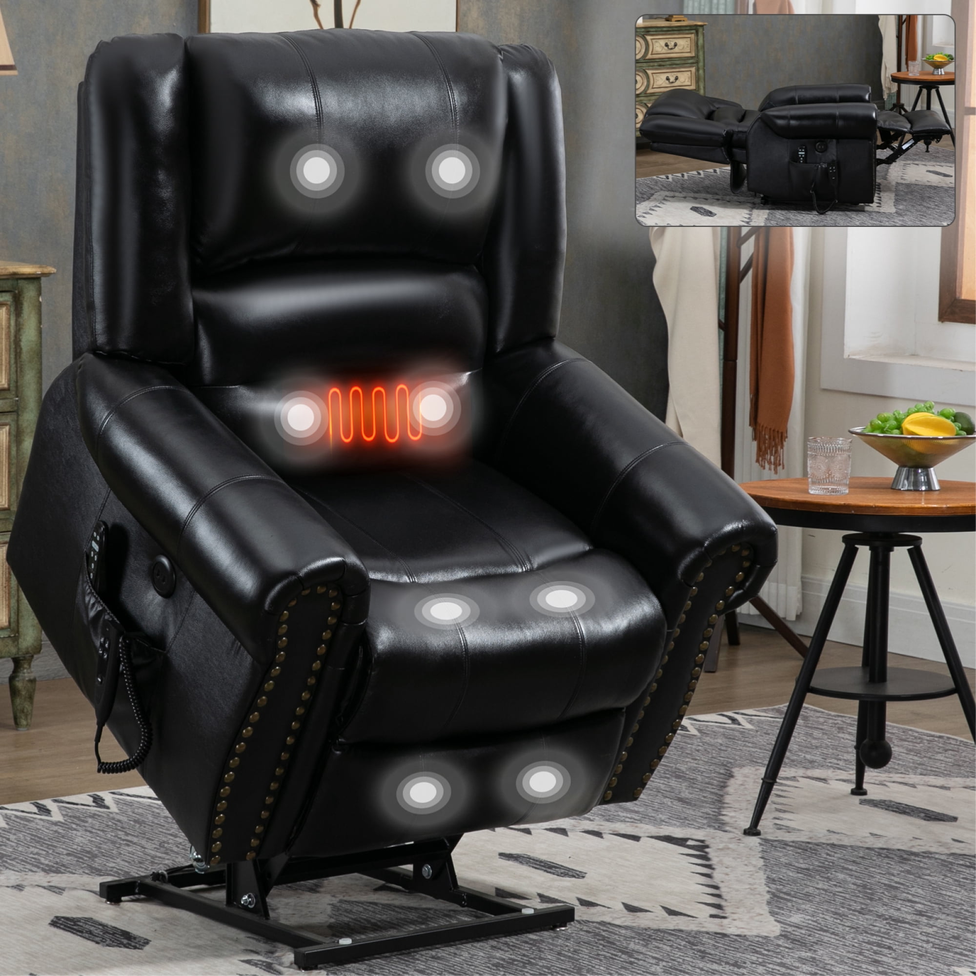 Leumius Large Power Lift Recliner Chair for Elderly,Single Sofa Chair with Massage and Heat,Electric Lift Recliner Single Sofa with Side Pocket for Living Room,Black